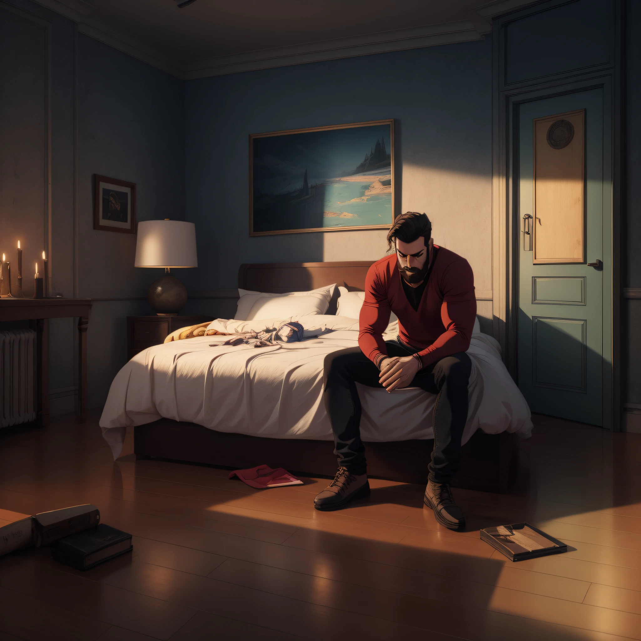 Um personagem masculino muito deprimido, depressive body expression, roupas modernas, Estilo 2D, cabelo escuro um pouco curto, jeans rasgados largos, Botins de couro preto, muscular arms, barba curta, Anos 30 , Constant proportions whole body, Rosto mais masculino, muito triste, ultra detalhado, 8k,