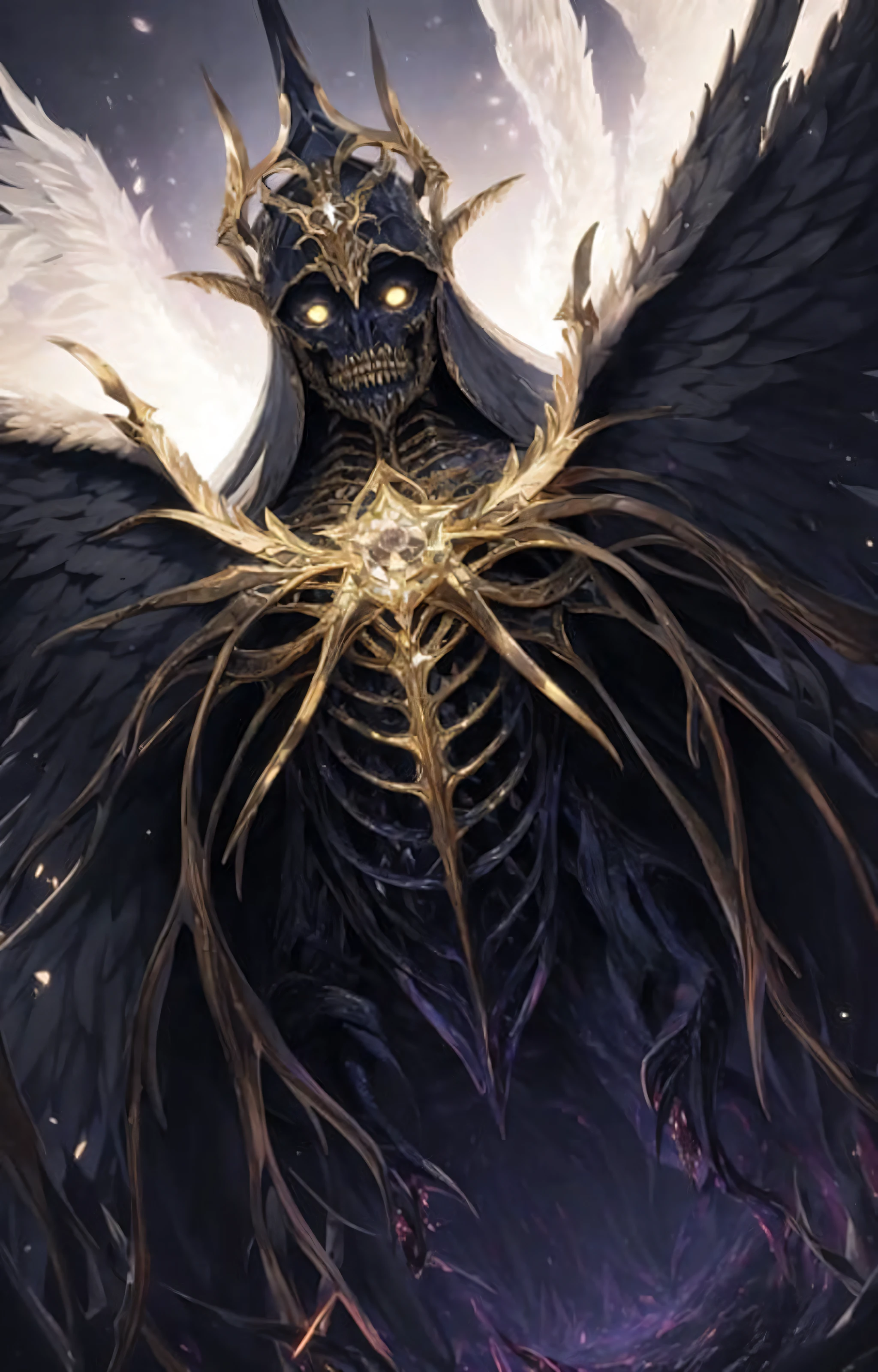Masterpiece, best quality, gold trim, eldritch abomination, cosmic inferno, incomprehensible, horror \(theme\), ((angel of greed), from below, close-up, monster:1.3), hyperrealistic, detailed background, depth of field, rimlighting, specular highlights, atmospheric lighting