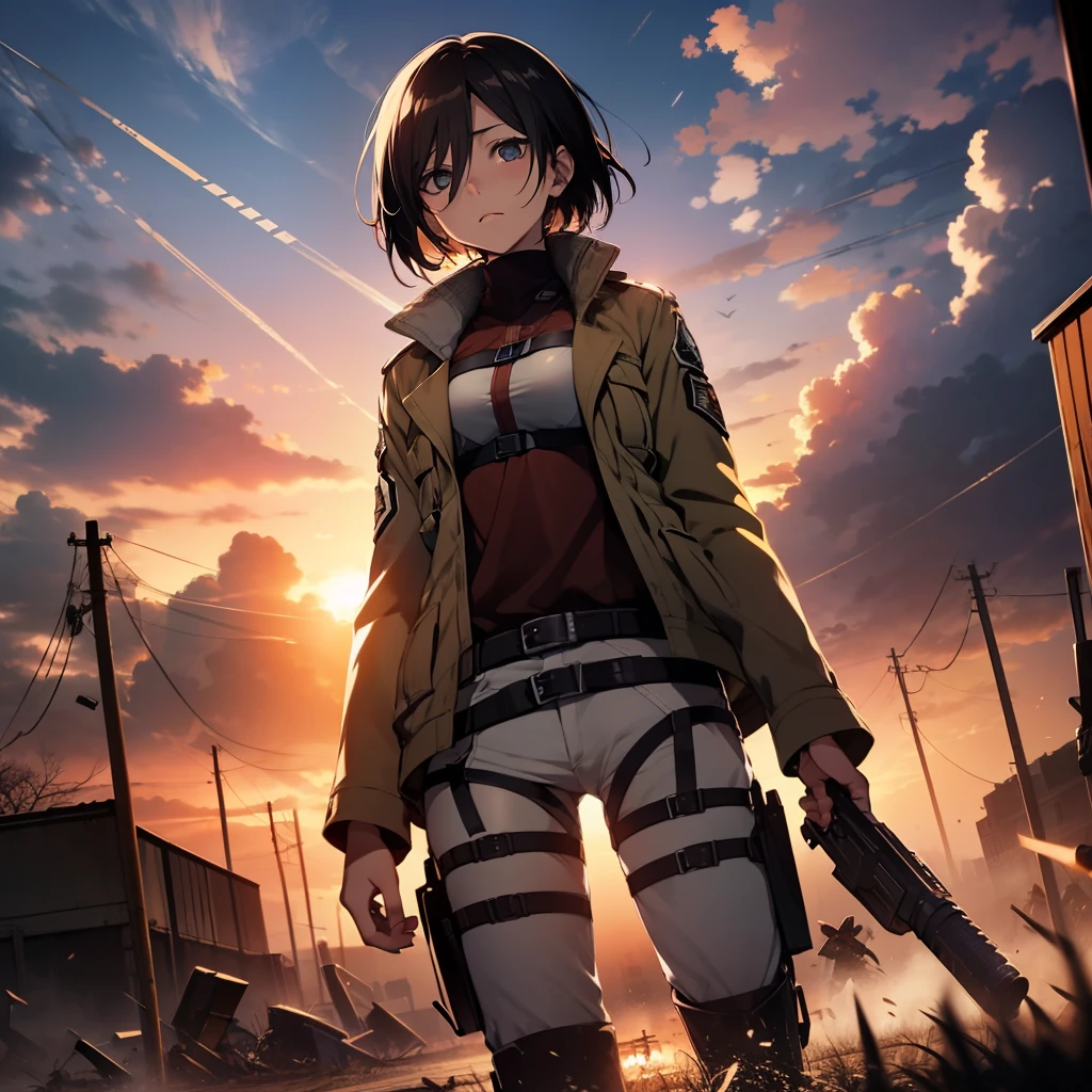 mikasa ackerman, in paradis, in a battlefield, DMT, destroyedd battlefield, fallen shingeki soldiers, sunset, 4k