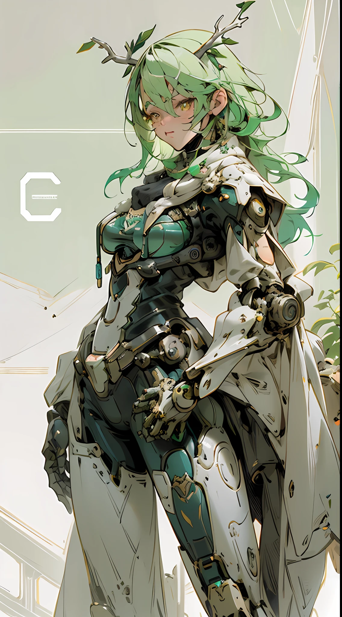 science fiction, cyberpunk, best quality, complex, intricate detail, masterwork,
Ceres Fauna,
green hair, yellow eyes, antlers, cute perfect face, detailed face, big breasts, mecha, robot, armor, bodysuit, mechanical arms, fighting stance,
futuristic city, skyline, neon lights, detailed scenery