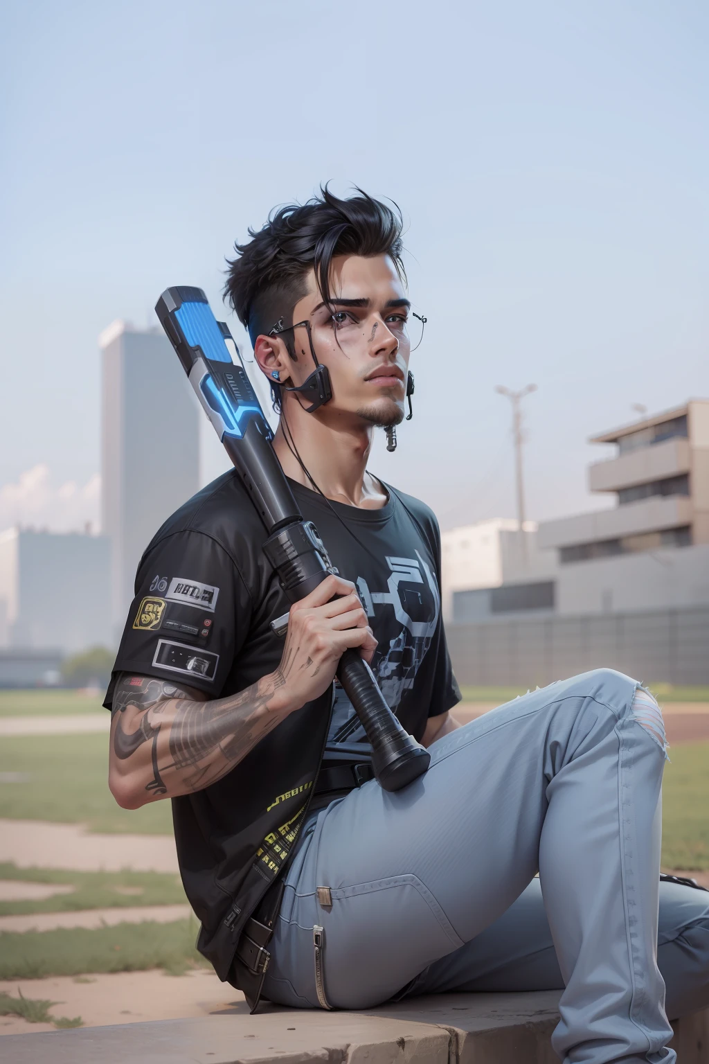 Background change cyberpunk handsome boy with brand basebol bat ultra modem realistic face