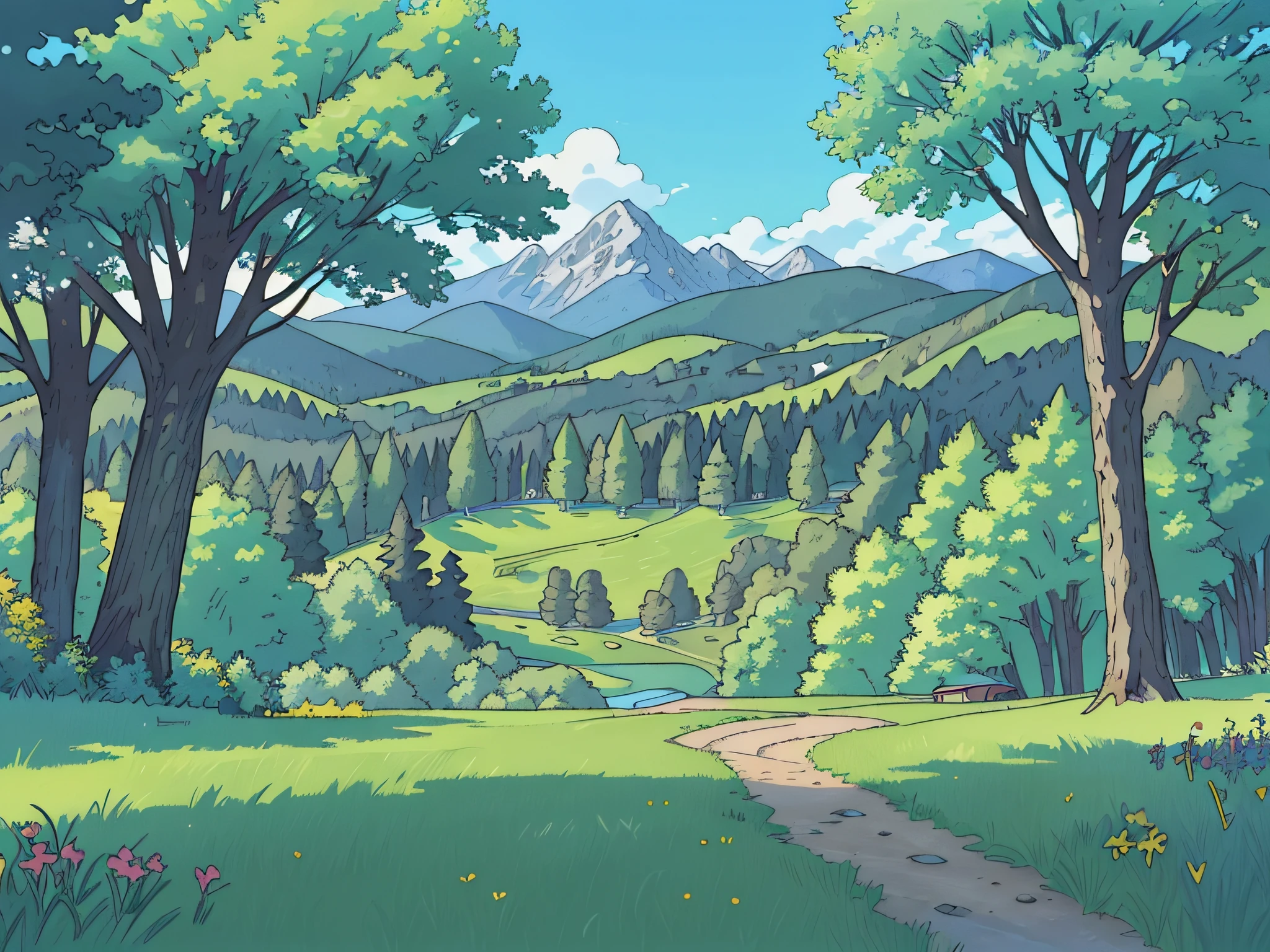 a lawn on a flat terrain, with some flaws, in the background you can see a large lake, a forest on the left, further in the background more forest and mountains as far as the eye can see, on a beautiful sunny day, from the viewer's point of view vision , where a tree on the side, 2k resolution