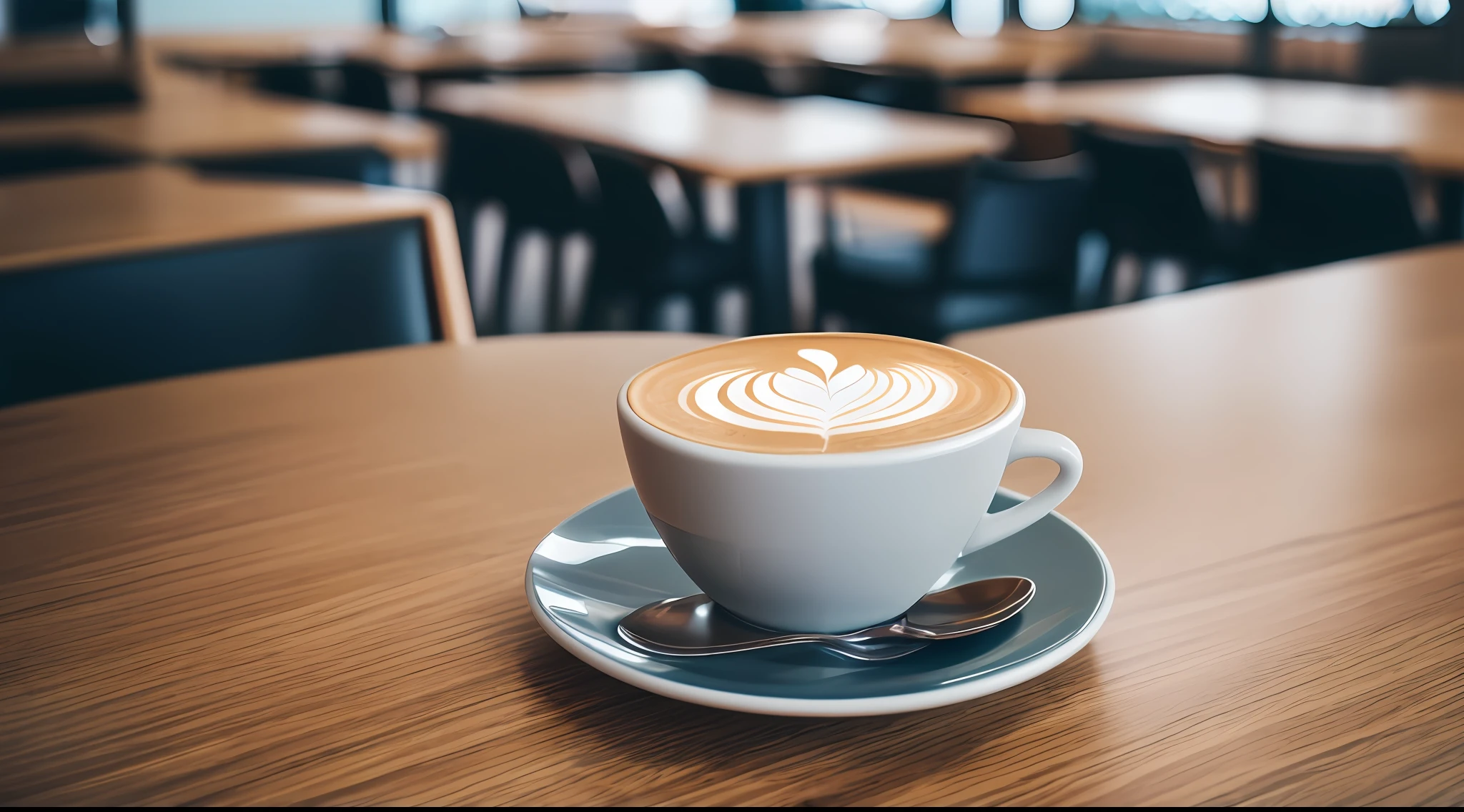 Realistic cup of coffee on a table in a cafeteria, fondo desenfocado, product photography, Luz suave, Fujifilm X-T4 camera --auto