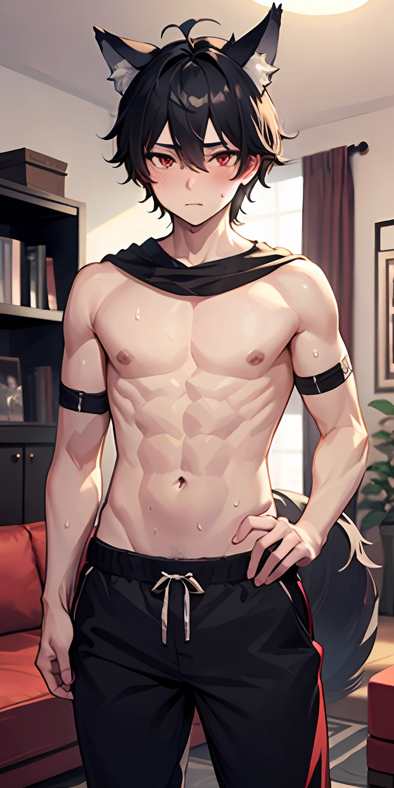 1boy, wolf ears, wolf tail, short fluffy black hair, red eyes, slim waist, ultra masterpiece, shirtless, sweatpants, living room setting, big thighs, seductive, blush, wide hips