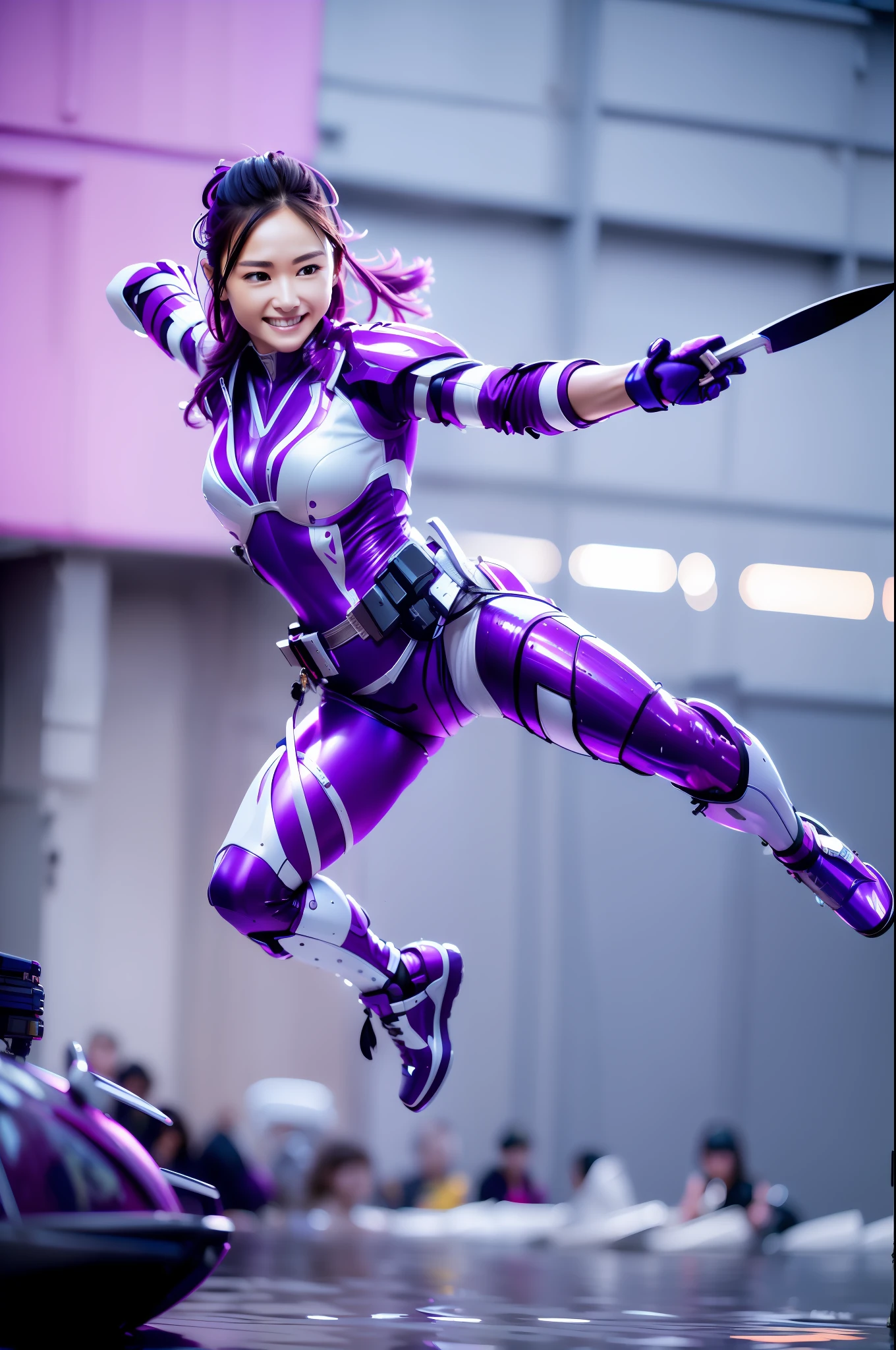 A sculpture of a female ninja dressed in purple and white，holding knives，Explosive effect，Jump into the water，Mech textures，Silver-white wing detailing，ssmile，