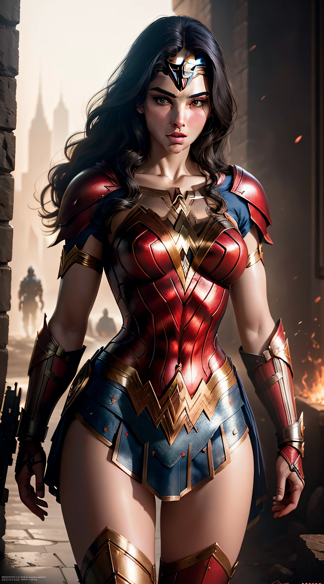 wonder woman, red and blue armor, photography, soft lighting, soft details, octane, artstation trending, ultra high detail, ultra realistic, cinematic,16k