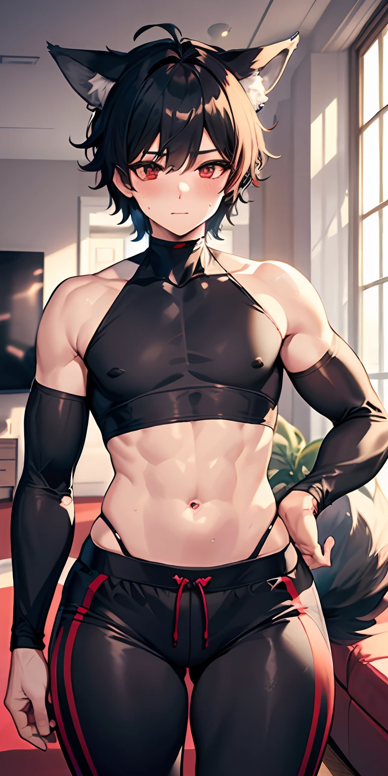 1boy, wolf ears, wolf tail, short fluffy black hair, red eyes, slim waist, ultra masterpiece, shirtless, sweatpants, living room setting, big thighs, seductive, blush, wide hips