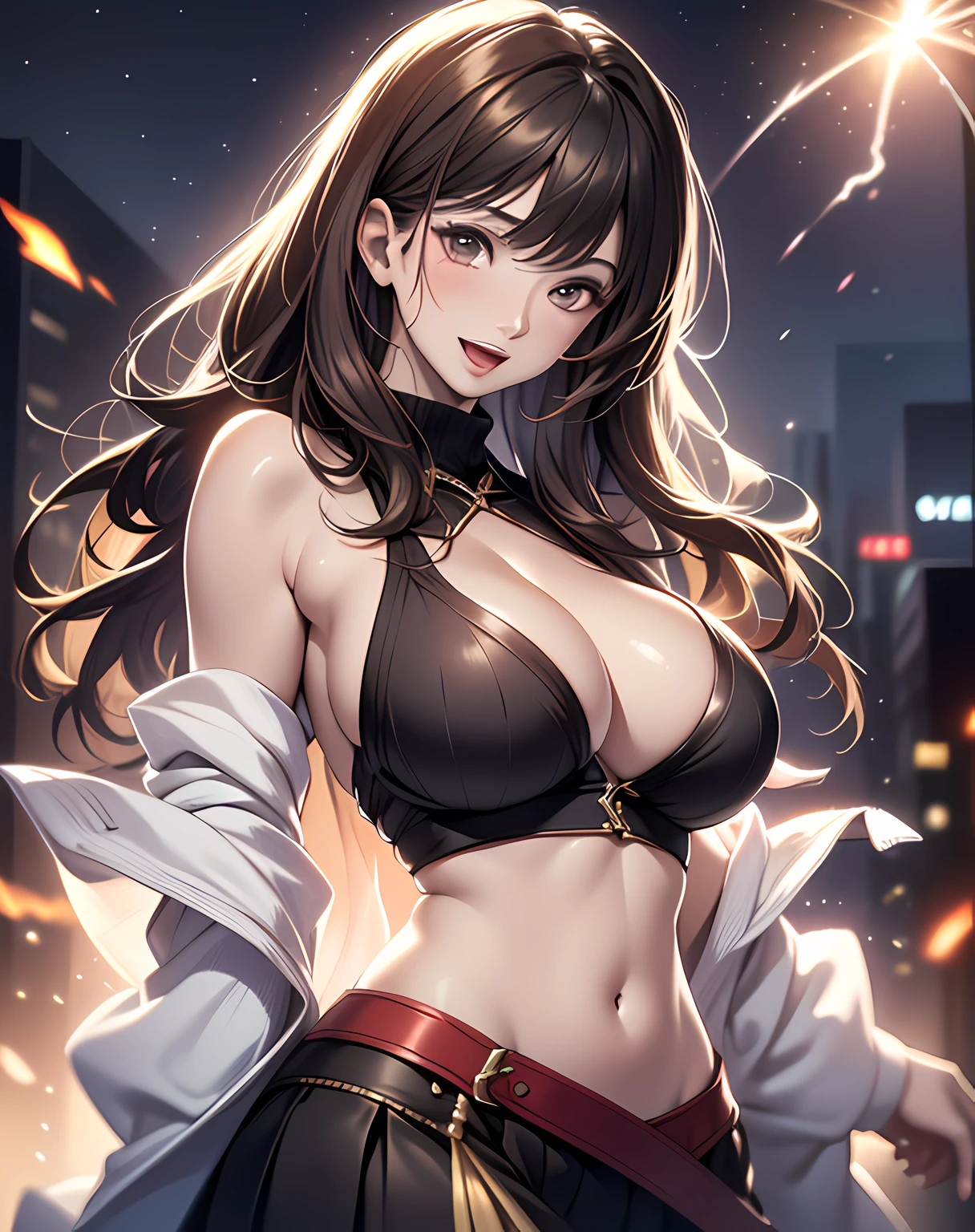 photo realistic, (8k, RAW photo, best quality, masterpiece:1.2), High detail RAW color photo, professional photograph, cowboy shot, (realistic, photo realistic:1.37),cinematic light, (finery detailed face:1.2), cowboy shot, thigh 1 girl, 18-28 years old, very cute, very beautiful, photo realistic, magic caster, BREAK, white skin, real human skin, (detailed face), oval face, pores, ultra high res, BREAK, slim, (huge-:1.37, cleava, (looking straight at viewer with a serene and goddess-like happiness:1.2), (lifter gloss, eyelashes, gloss-face, best quality, ultra highres, Broad lighting, natural shading), brown thin hair, bangs, BREAK, (black sleeveless turtle sweater:1.3, black box-pleats-skirt:1.3, magic caster outfit), magic scene, ((night midtown view, star, starry sky)), ((light smile, open mouth:1.5, humid, in heat, blush, seductive emotion, aroused)), ((throwing the fireball scene, magic scene, fireball, lightning, fire aura vackground)), blurry background, bokeh, depth of field, cowboy shot:1.3, centered image,