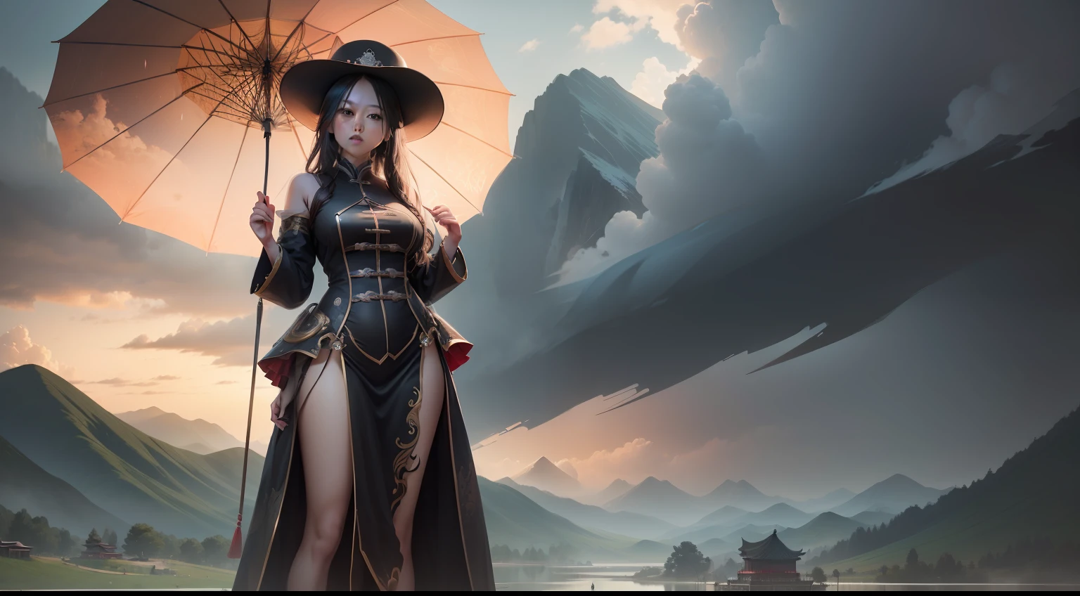 ulzzang-6500-v1.1, (raw photo: 1.2), (photorealistic: 1.4)) best quality, beautiful, beautiful, beautiful, extremely detailed, CG, unity,8k amazing wallpaper, beautiful detail, masterpiece, best quality, official art, very detailed CG unity 8k wallpaper, ridiculous, unbelievably ridiculous, huge file size, super detailed, high resolution, very detailed, beautiful detailed girl, very detailed eyes and face, beautiful detailed eyes, movie lighting, 1 girl, perspective, looking at the audience, full body, full body photo, outdoors, hands behind your back, High Noon in the wet land, trending on artstation, sharp focus, studio photo, intricate details, highly detailed, chinese landscape, beautiful chinese woman, raining, black clouds and stormers.
