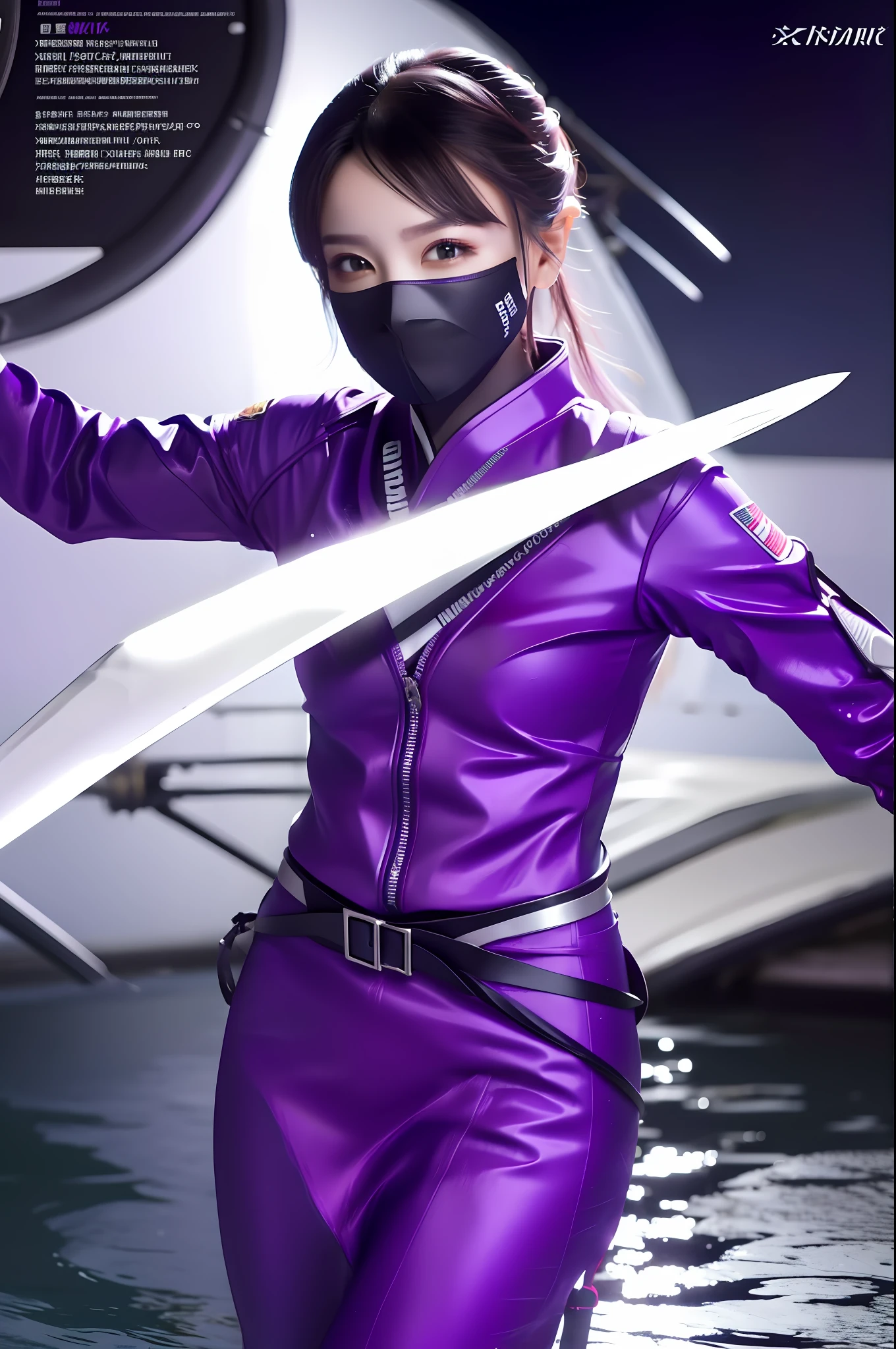 Sculpture of a female ninja dressed in purple and white，holding knives，Explosive effect，Jump into the water，Mech textures，Silver-white wing detailing，ssmile，