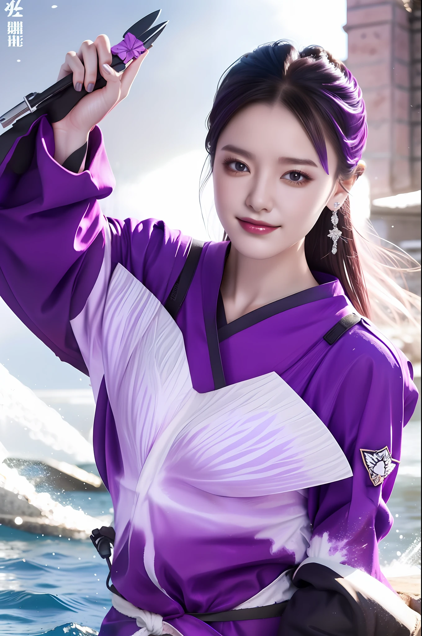 Sculpture of a female ninja dressed in purple and white,holding knives,Explosive effect,Jump into the water,Mech textures,Silver-white wing detailing,ssmile,