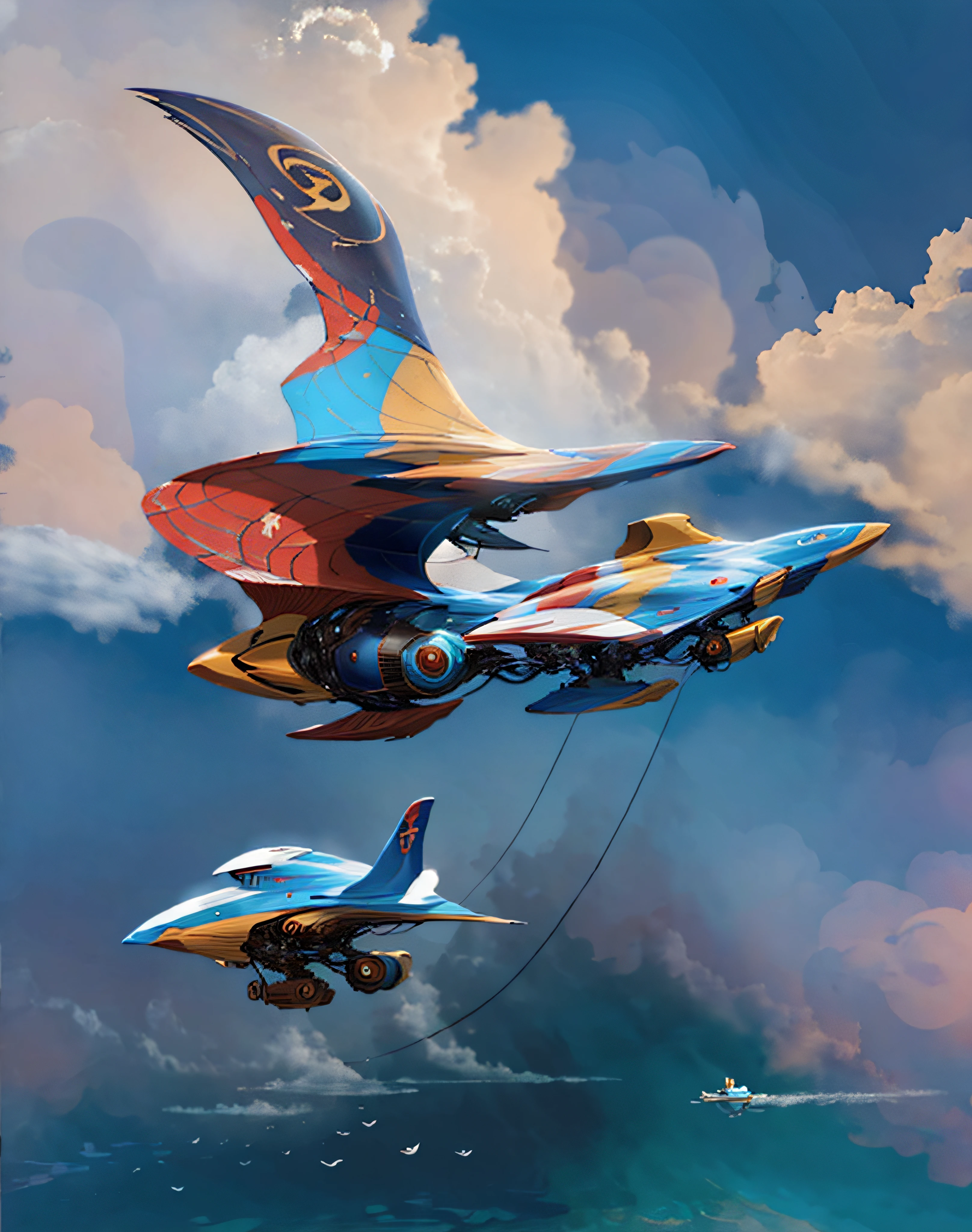 Precioso super velero estilizado volando entre las nubes multicolores esplendorosas y abajo un mar esmeralda encrespado con enormes olas que se acercan al cielo