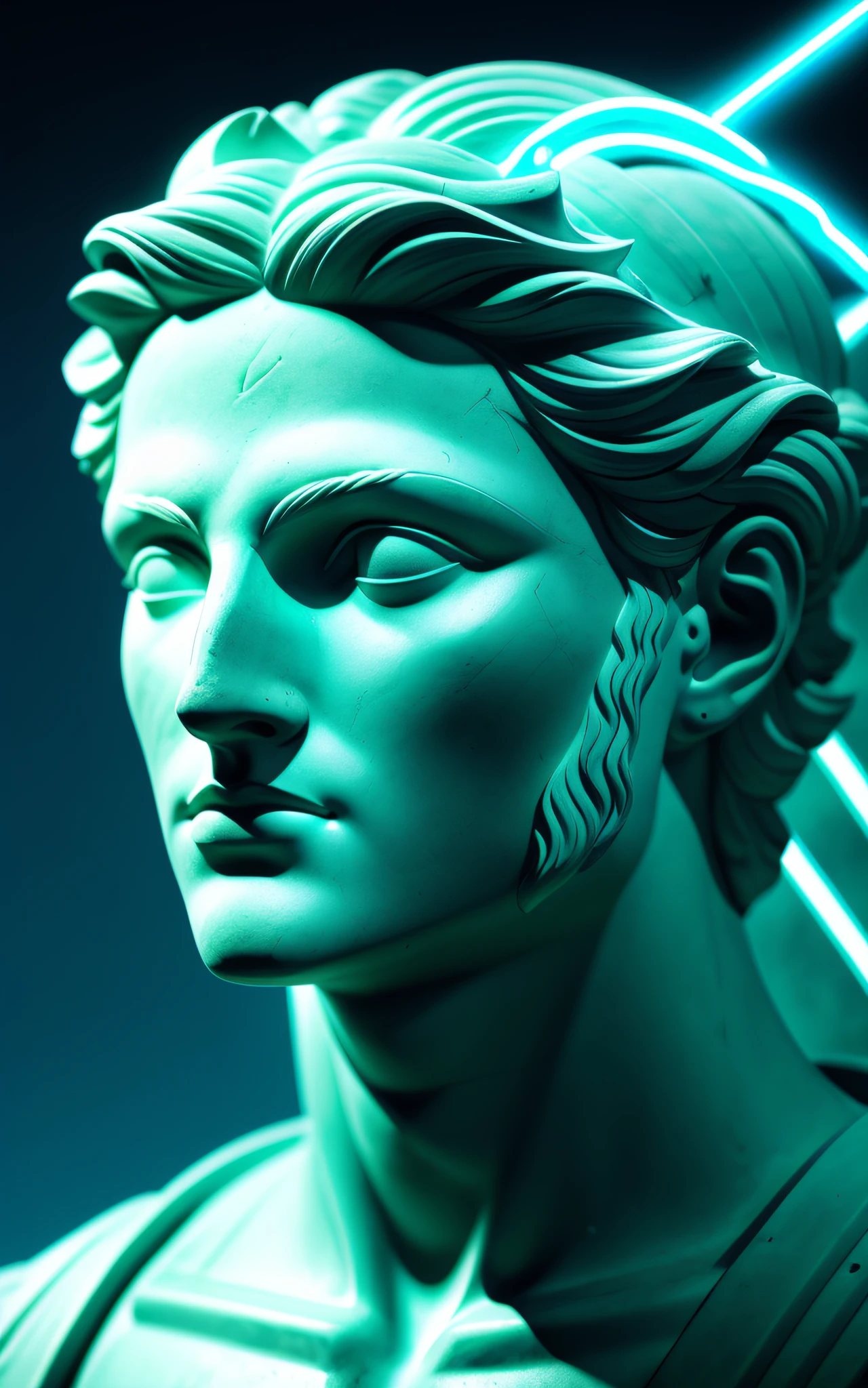 character in ancient Greek mythology, (neon lightning around the head:1.1), monument, chiton, peplos, (close-up of the head:1.2), lightning, sharp focus, fantasy, concept art, dynamic lighting, epic composition, Michelangelo style,