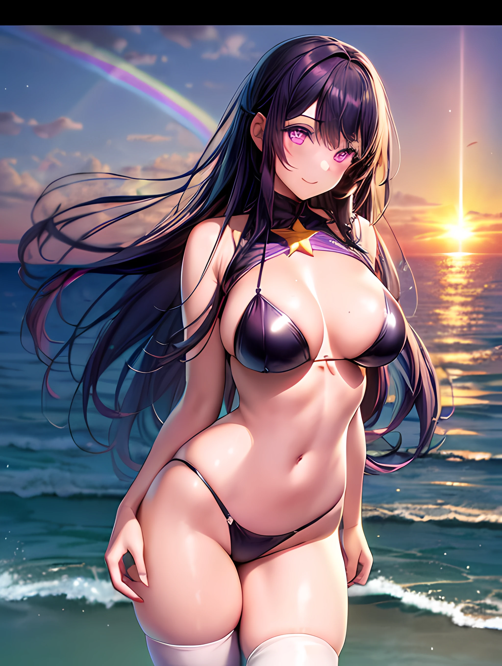 Ai Hoshino, Long hair, Purple hair, Striped hair ,Purple eyes, Star-shaped pupils, 1girll, full bodyesbian,Solo, Purple eye,Star eyes,Sparkling eyes,Shining eyes,Star-shaped pupils,Detailed eyes, white thighhighs, Purple colored hair,Blowing hair, looking a viewer, Breasts, full bodyesbian, Large breasts,Beautiful sunset sea, calm ocean waves, Sparkling waves, ((Big rainbow)), Colorful, A girl standing on the beach, Beautiful features, Shining eyes, Long black hair, Swaying in the wind, Dance like a dance, ((Masterpiece)), ((Highest quality 16k)), ((detailed and delicate)), ((Photorealistic)), ((Fantastic background)),