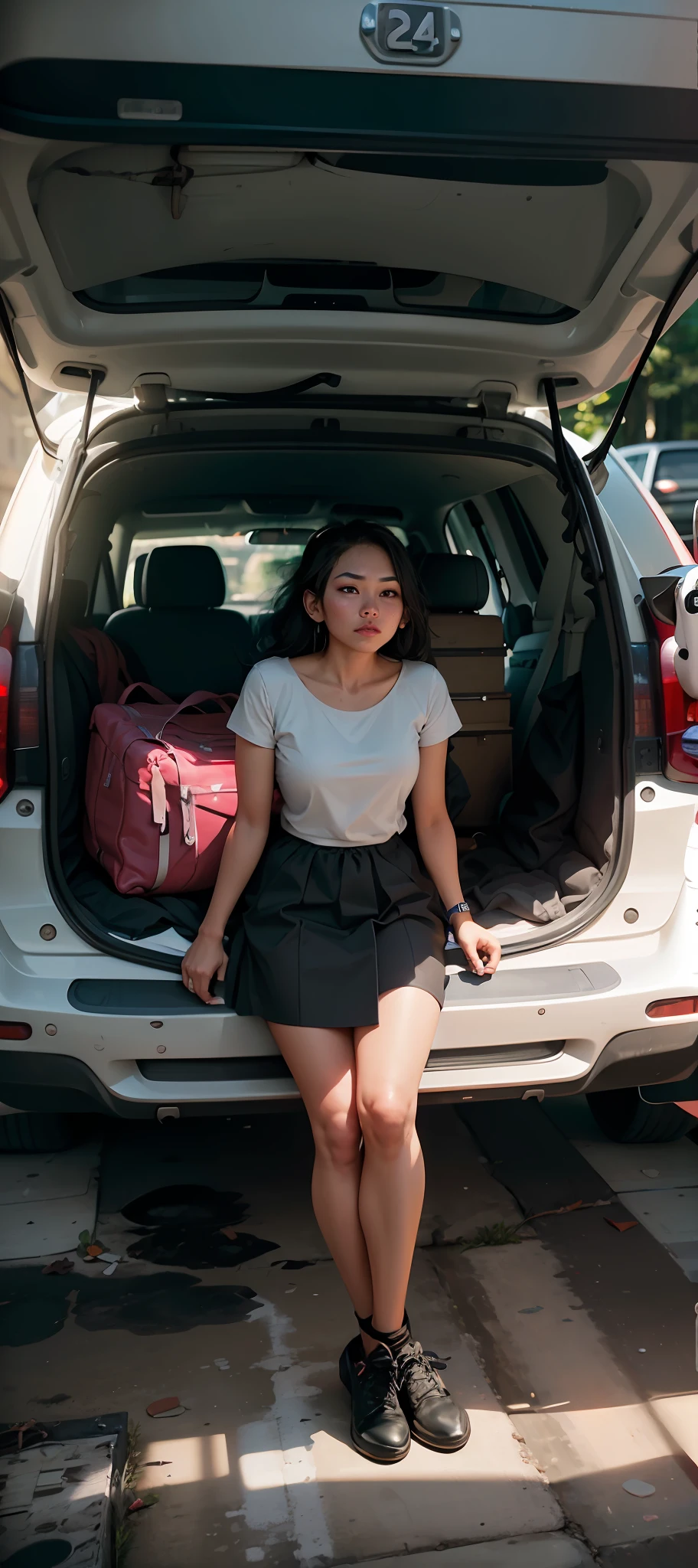 arafed woman sitting in the trunk of a car with luggage in the trunk, cindy avelino, candid photo, 23 years old, profile picture, 2 , 🤬 🤮 💕 🎀, hd face