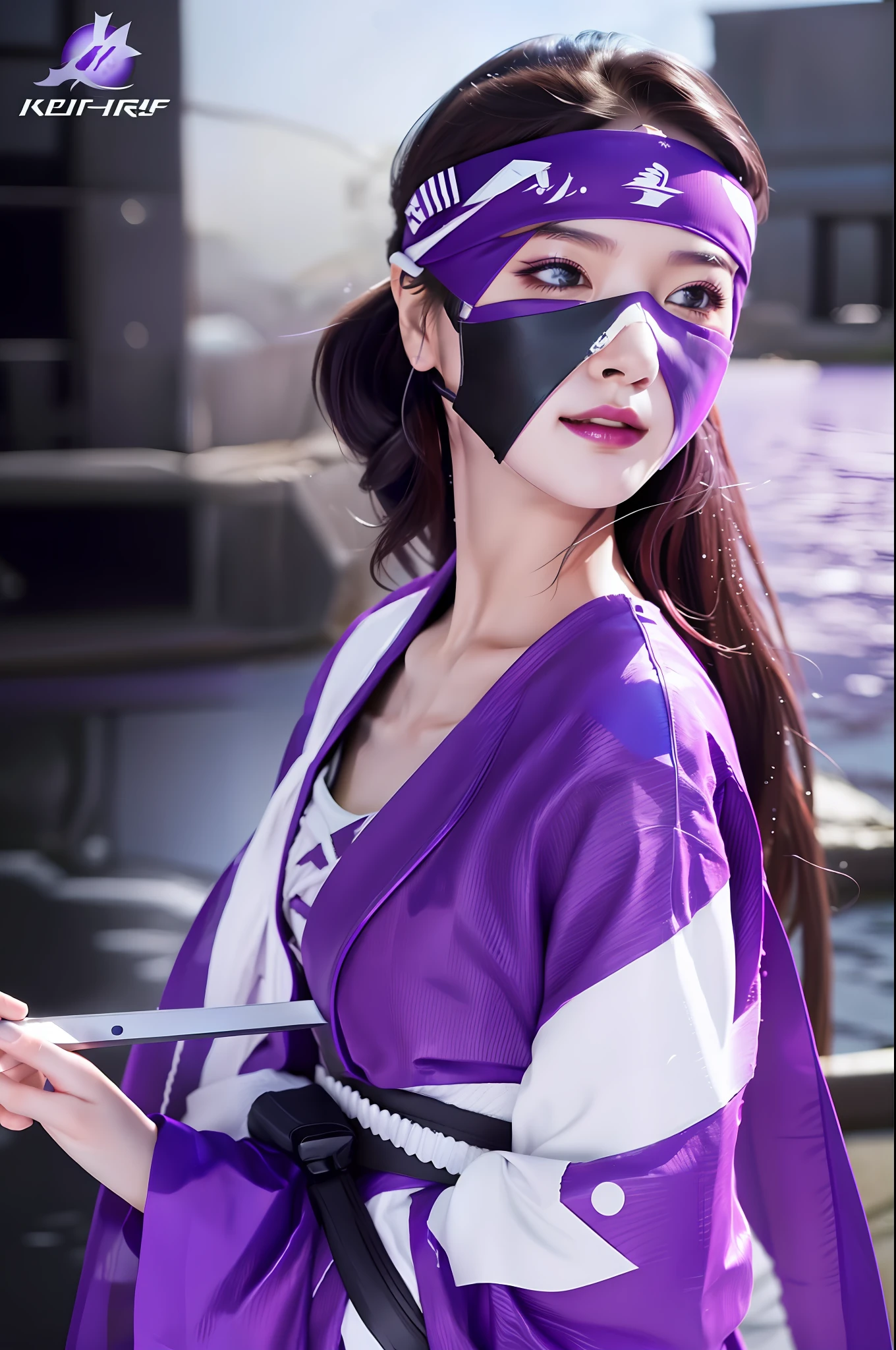 Sculpture of a female ninja dressed in purple and white,Blindfolded knife,Explosive effect,Jump into the water,Mech textures,Silver-white wing detailing,ssmile,Attractive eye details
