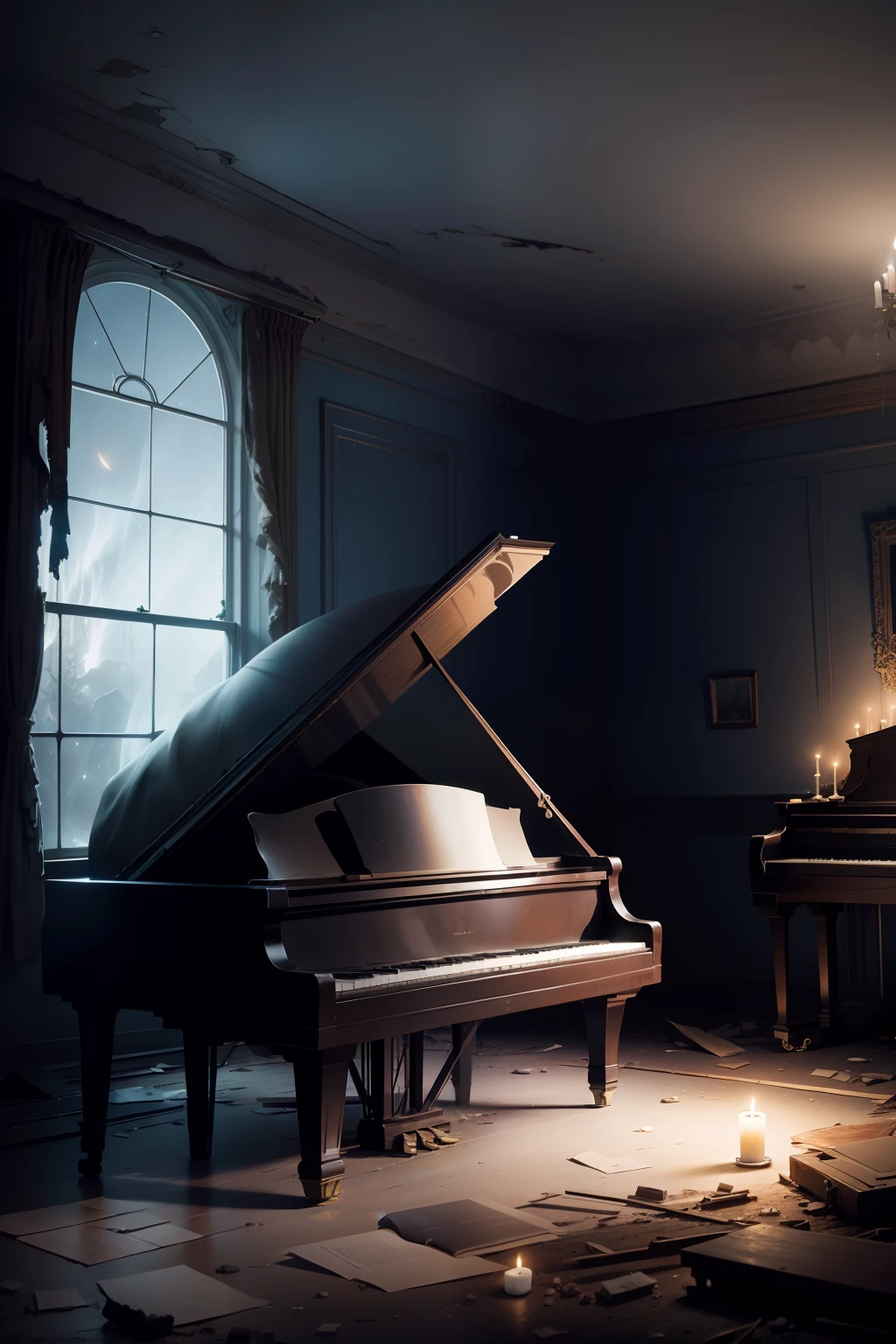 Old grand piano in an abandoned house in ruins with the night sky with candles