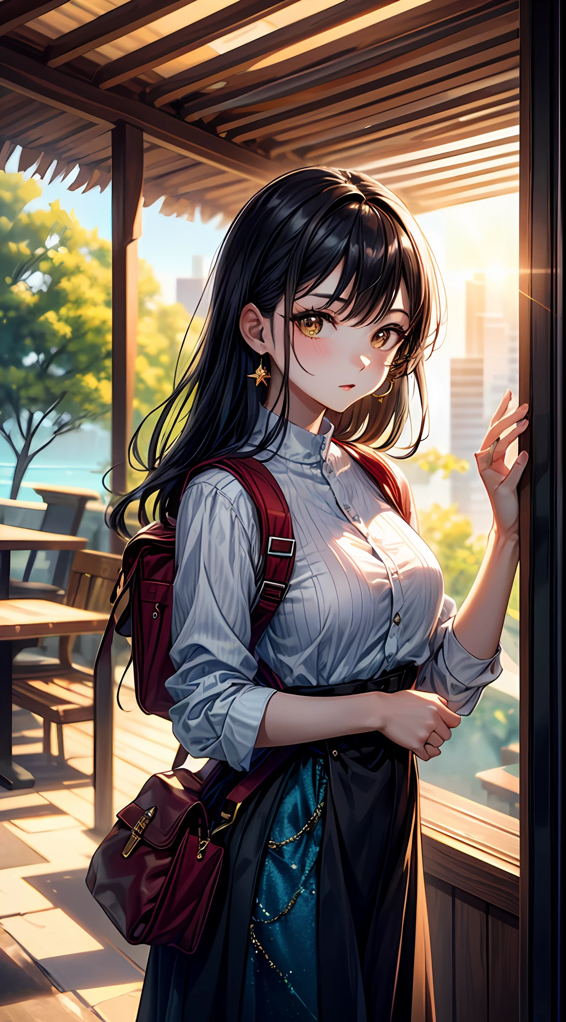 (Masterpiece: 1.2), Best Quality, (Illustration: 1.2), (masterful flare, lens flare), (hyper-detailed), hyperdetail, (fine detail), (intricate detail), Captivating Artistry, Excellent, 2 people, Summer, Travelers, 1 man with 1 woman, height difference, Adventurous outfits, different cultural backgrounds, captivating eyes and adventurous face, exotic locations, backpacks, wanderlust, adventurous love, vibrant, exploratory