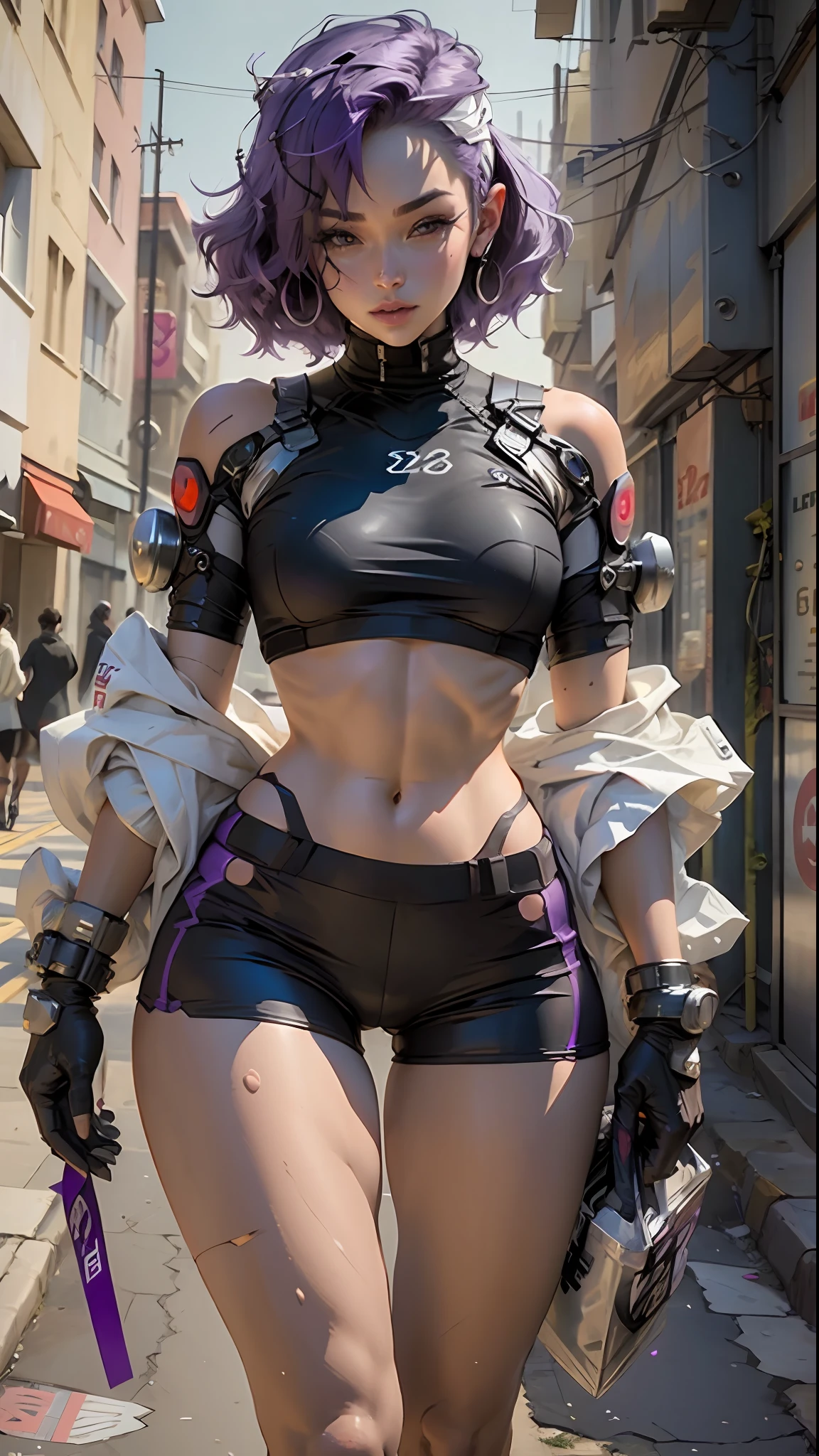 Woman body defined thick thighs cybernetic body parts, short underwear, purple hair