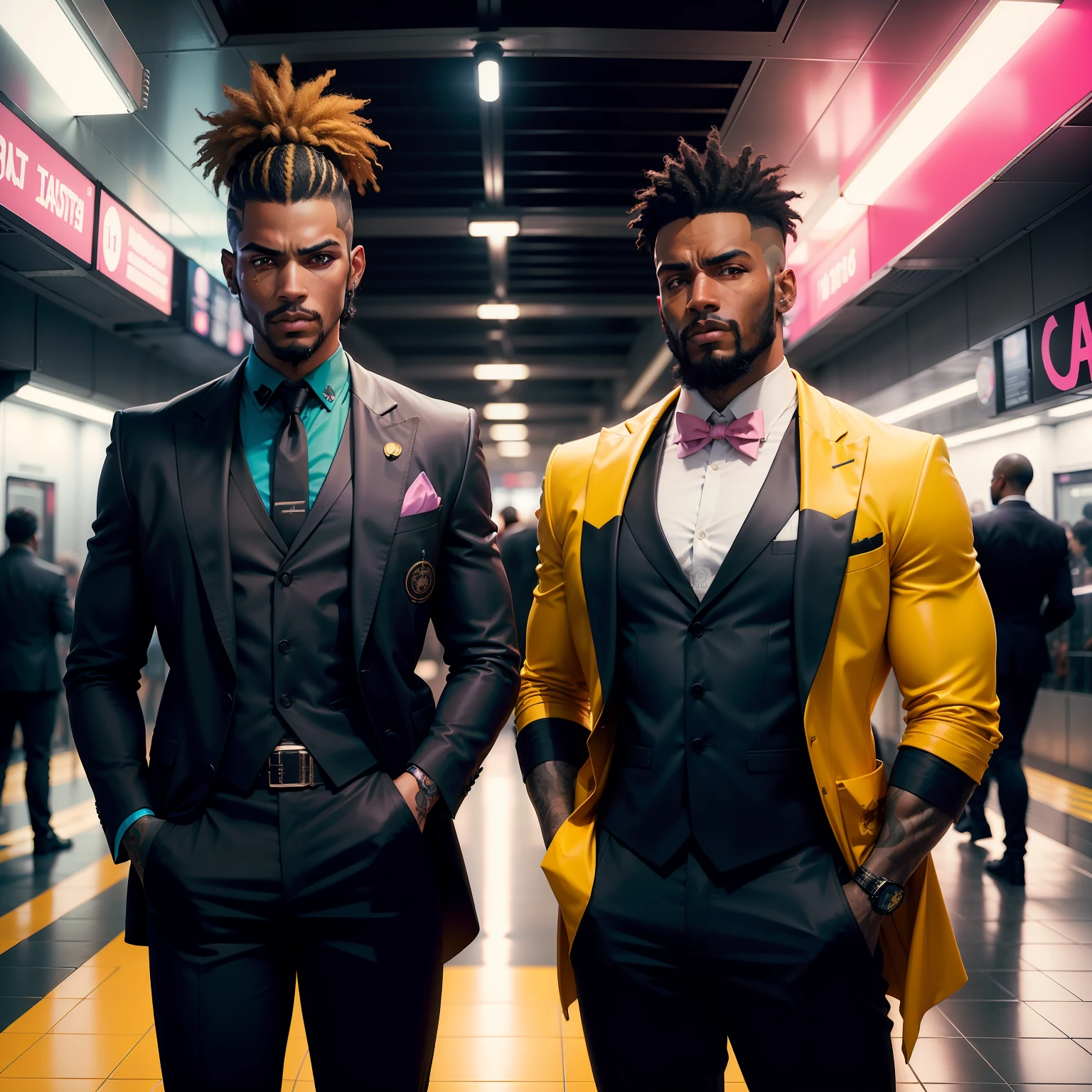 I'd like a cyberpunk style image in 4k average photo of three black characters ,homem e mulher ,portanto,africano, forte de pele negra ,barba grande ,barba, estiloso ,com cabelo punk estilo anos 80 na cor amarelo e cinza escuro, muito eLegante , futurista e estiloso neon , com uma tatuagem super colorida e com neon ,Toattoo, facing a metro station on the platform , with station lights failing in a dimly lit environment, standing dressed in a dark yellow suit with a pink bow tie and baggy shirt.