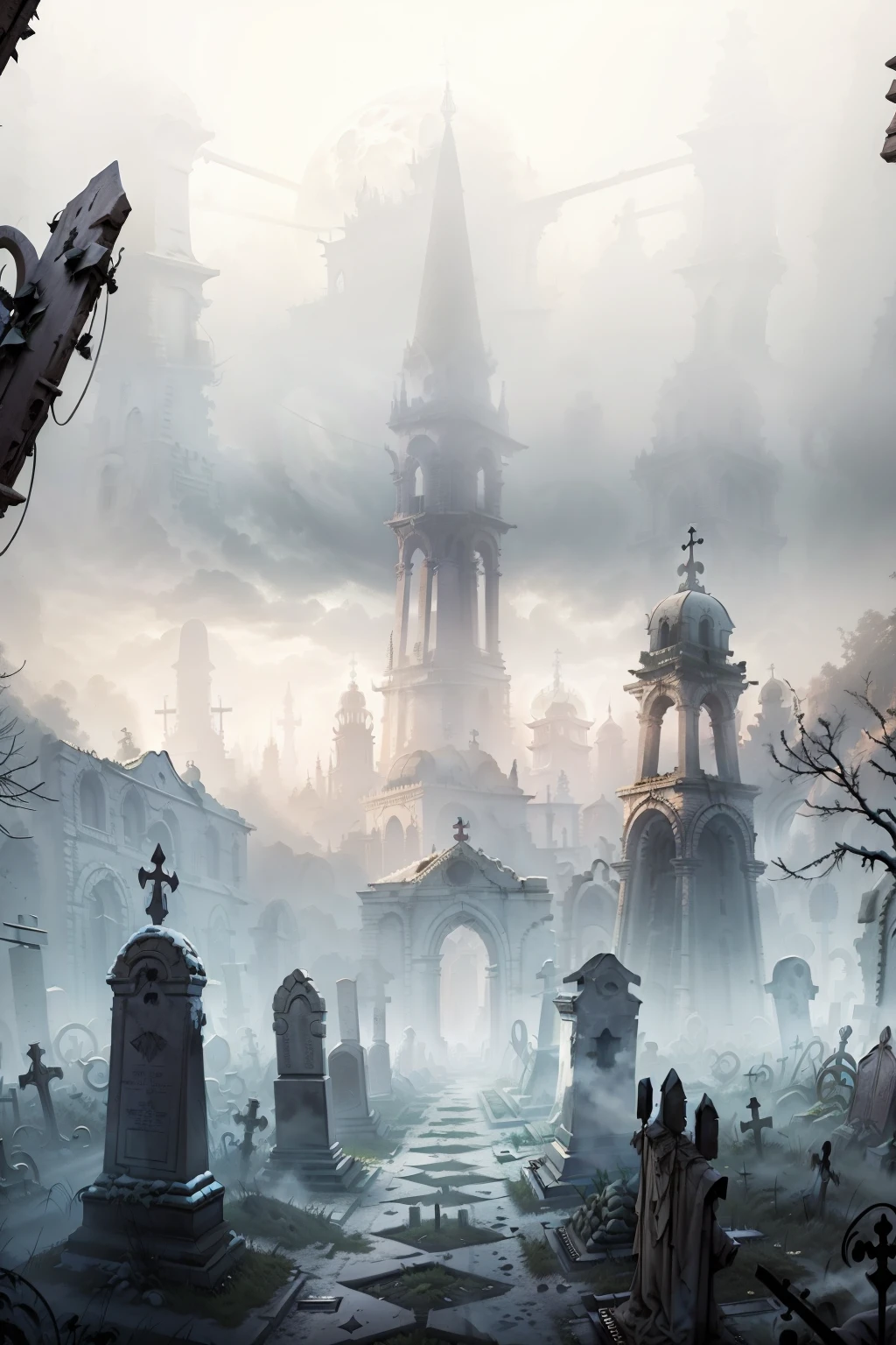 Graveyards in a gloomy abandoned city, rows of graves with identical gravestones, Some graves have been dug up, A white mist swirls on the ground ,In the distance you can see a tall tower, full moon