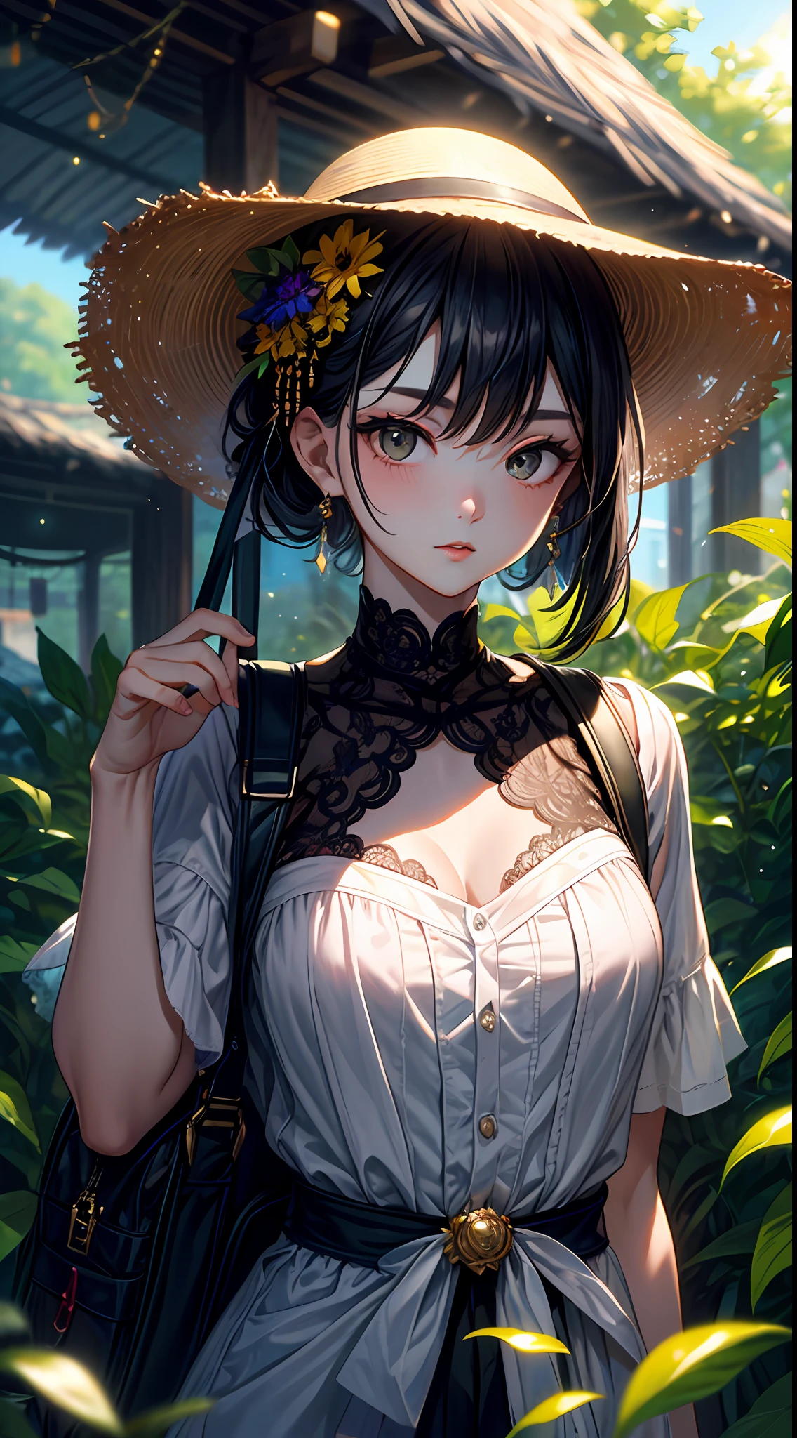 (Masterpiece: 1.2), Best Quality, (Illustration: 1.2), (masterful flare, lens flare), (hyper-detailed), hyperdetail, (fine detail), (intricate detail), Captivating Artistry, Excellent, 2 people, Summer, Travelers, 1 man with 1 woman, height difference, Adventurous outfits, different cultural backgrounds, captivating eyes and adventurous face, exotic locations, backpacks, wanderlust, adventurous love, vibrant, exploratory