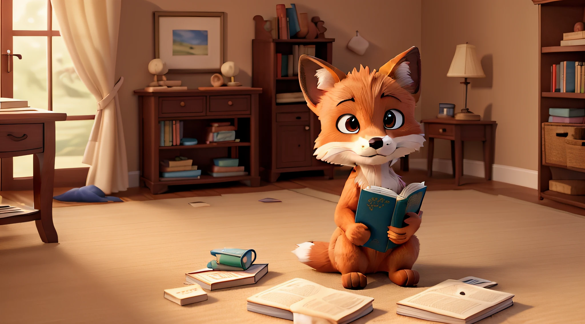 "a fox cub reading a book indoors((Best quality)), ((masterpiece)), (detailed: 1.4), 3D
