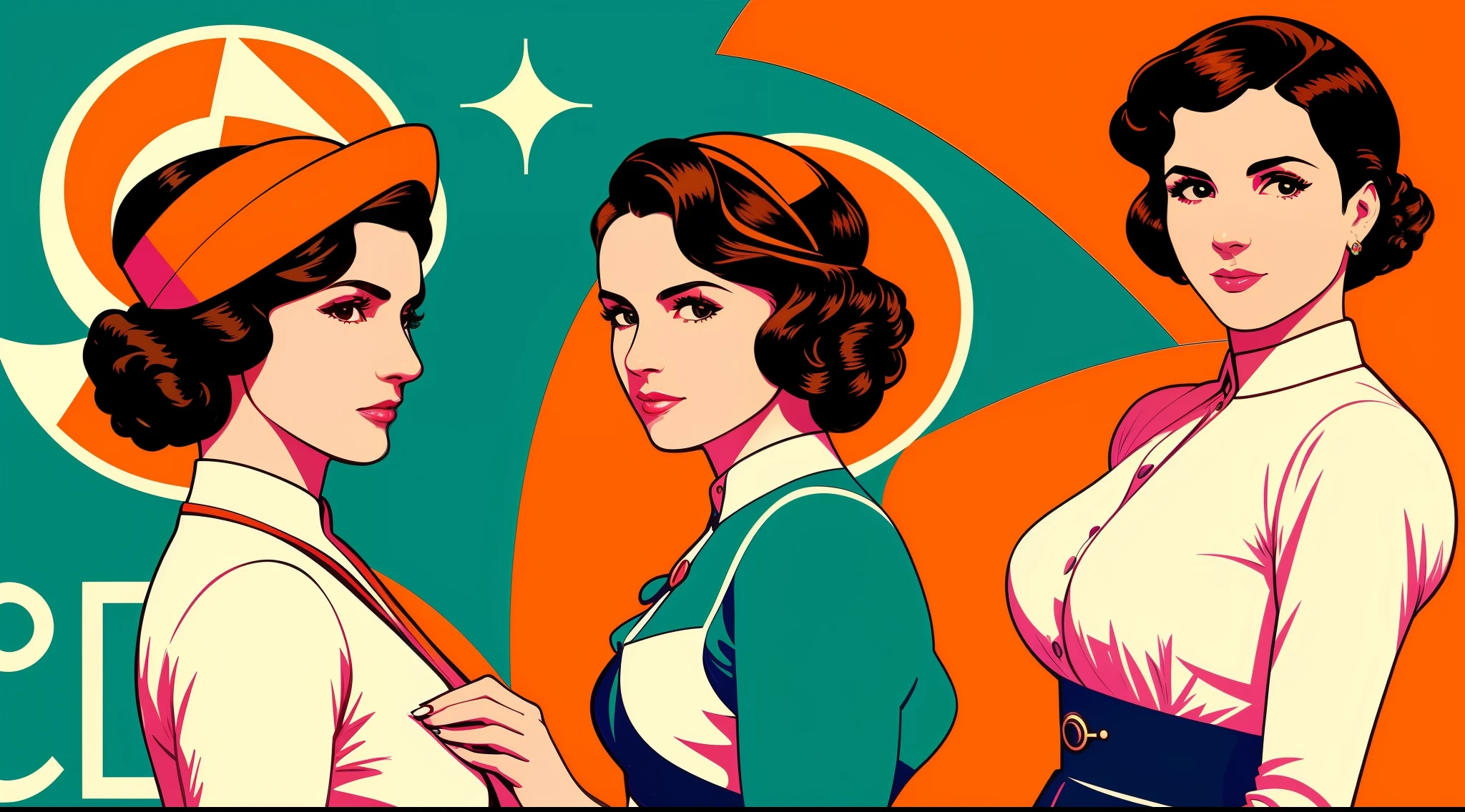 (Dos mujeres). En una imagen que mezcla pop art y estilo art nouveau. Una hermosa joven urbana en estilo pop art. Una mujer divina en estilo art nouveau. Against a background of luxury and pictorial fantasy. La belleza de hoy y de ayer. Arte magistral. Virtual photography. Imagen de cuerpo completo