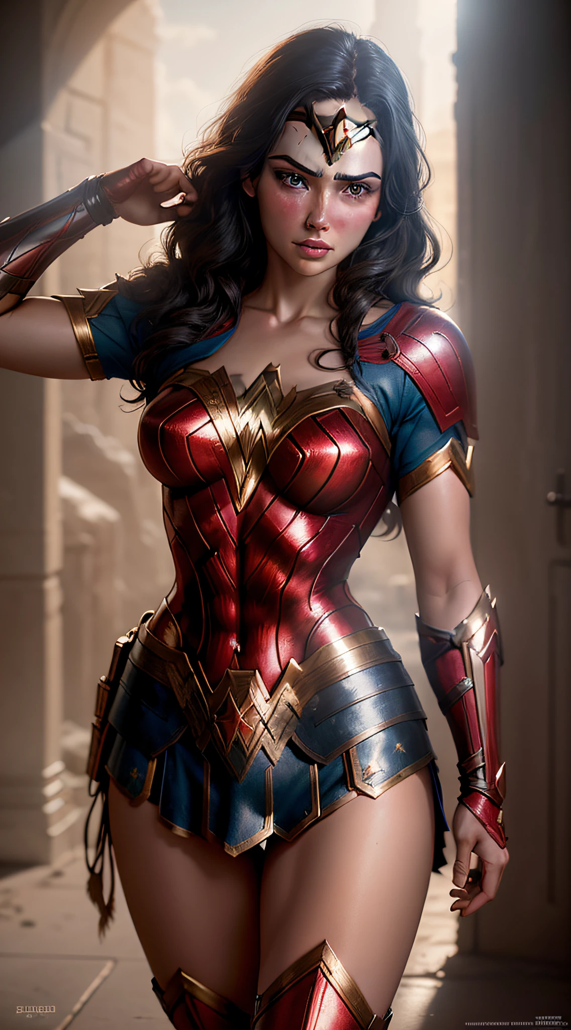 wonder woman, red and blue armor, photography, soft lighting, soft details, octane, artstation trending, ultra high detail, ultra realistic, cinematic,16k