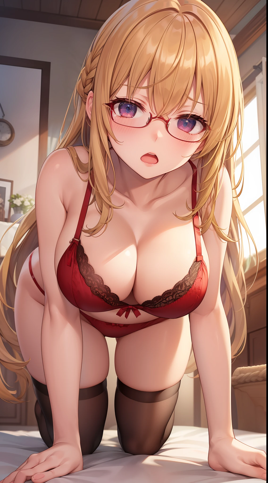 great masterpiece、Super delicate、1girl in、eye glass、plait、in one's underwear only、Red lingerie、large full breasts、all-fours、to close range、proximity、Kamimei、Looking up at me、red blush、Embarrassing、Troubled face、Slightly open mouth、