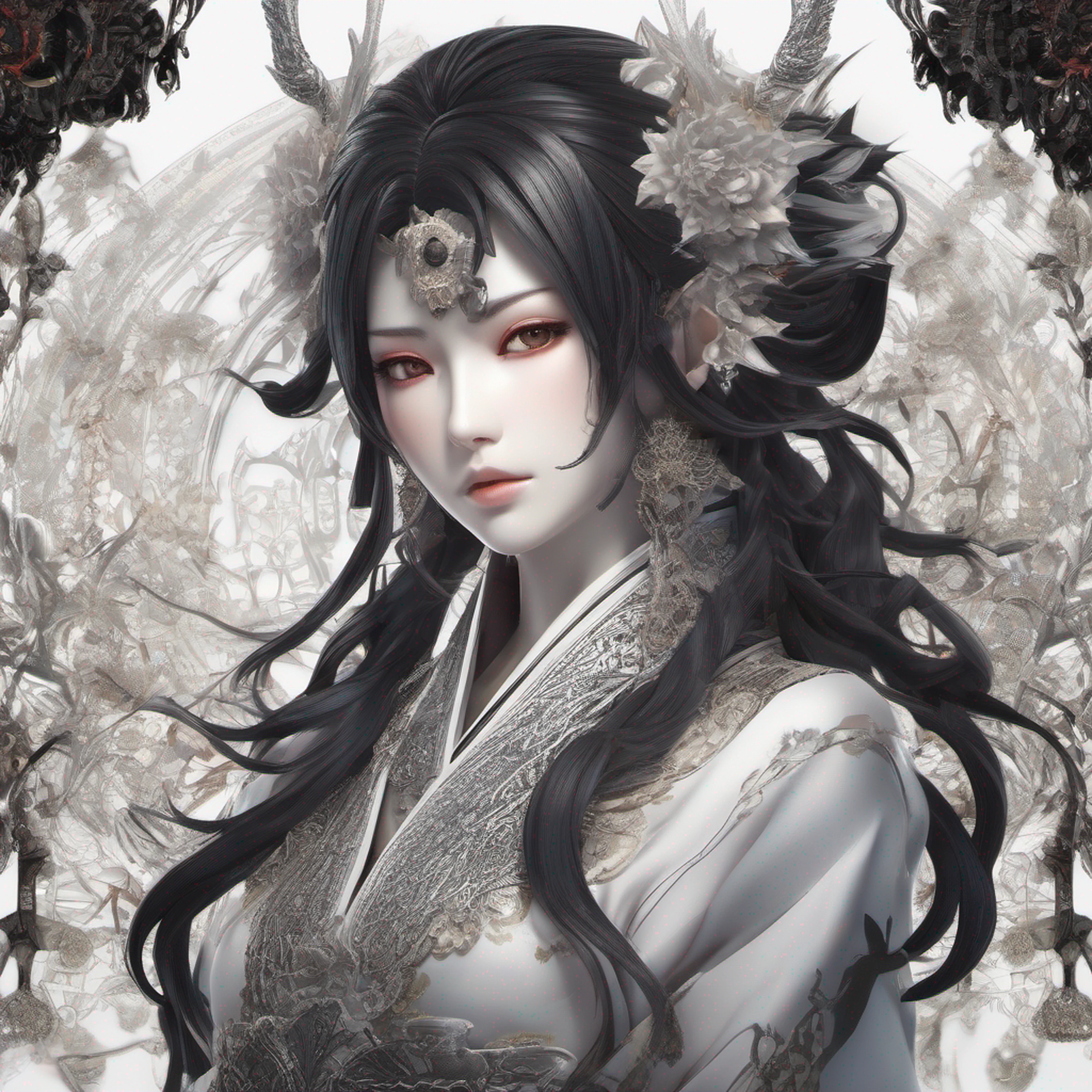 a female shinigami, highly detailed, white gradient background, ultra-detailed face and body, figure, Japan animation Style, black hair, high quality