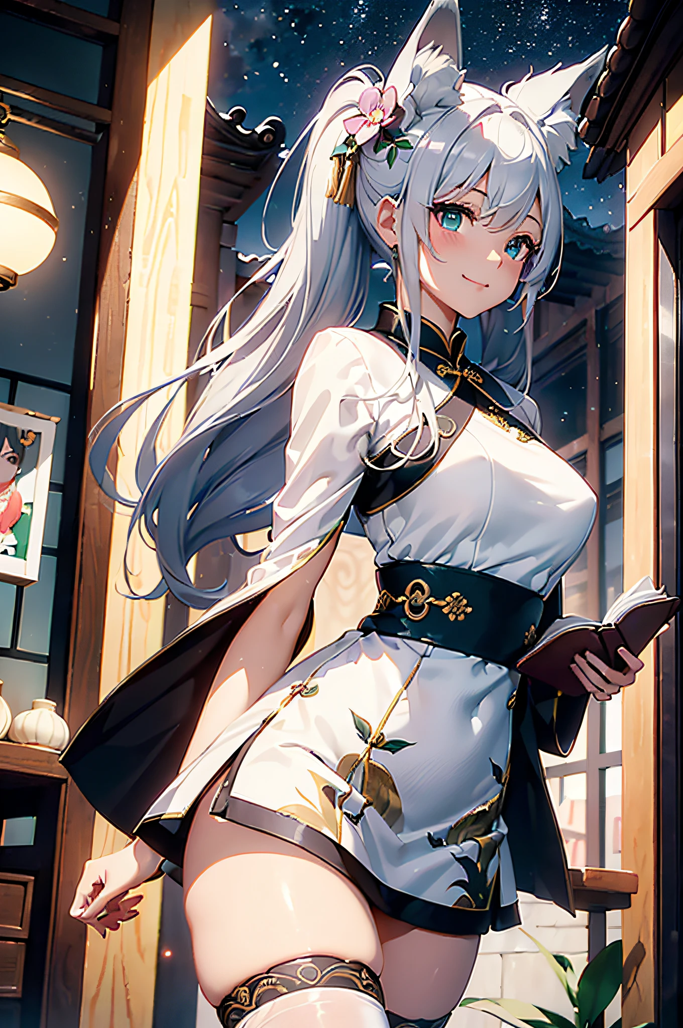 (top-quality、in 8K、32K、​masterpiece、nffsw、Impresionismo:1.2)、detailed faces and eyes、Full body, sideshot、(Chinatown、natta、milkyway:1.2)、(１The fox tail of the book grows:1.3)、realistic shadow、beauitful face、blurry backround、16-year-old beautiful girl、(Beautiful silver hair)、(poneyTail:1.2)、cheongsam in white color、Floral hair ornament、Deep green eyes、Fox ears、thighs thighs thighs thighs、miscievous smile、