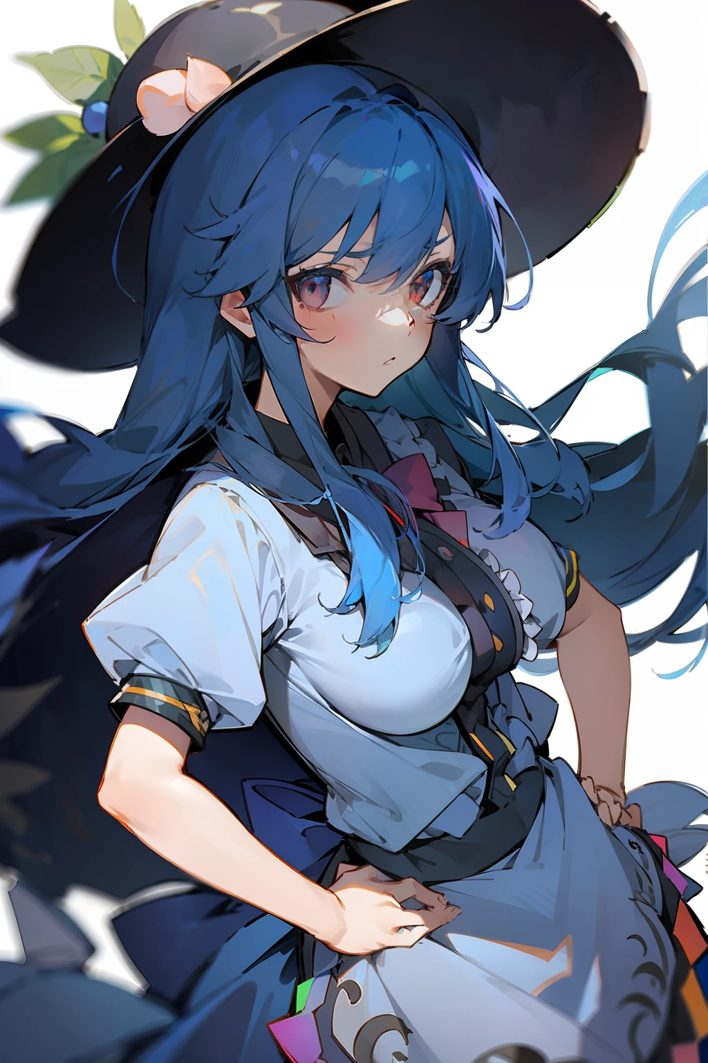 (masterpiece),best quality, expressive eyes, perfect face, 1girl,
big breast, H-cup, good breast, hands on waist,beautiful, gorgeous,anime,girl,lora,hinanawi tenshi, blue hair, blue haired,tent boobs, tent chest, tent breast, floating clothes,waist grab, grabbing waist, mains sur les hanches , hands on hips