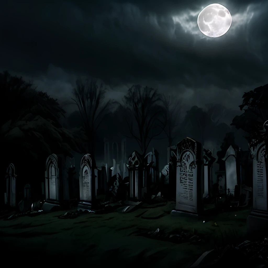 Gothic architecture, Ruins, night time, Cemetery in a gloomy abandoned city, rows of graves with identical gravestones, Some graves have been dug up, A white mist swirls on the ground, Full Moon Gloomy Illumination, enchanting elegance, atmospheric depth, masterful technique, naturalistic representations,