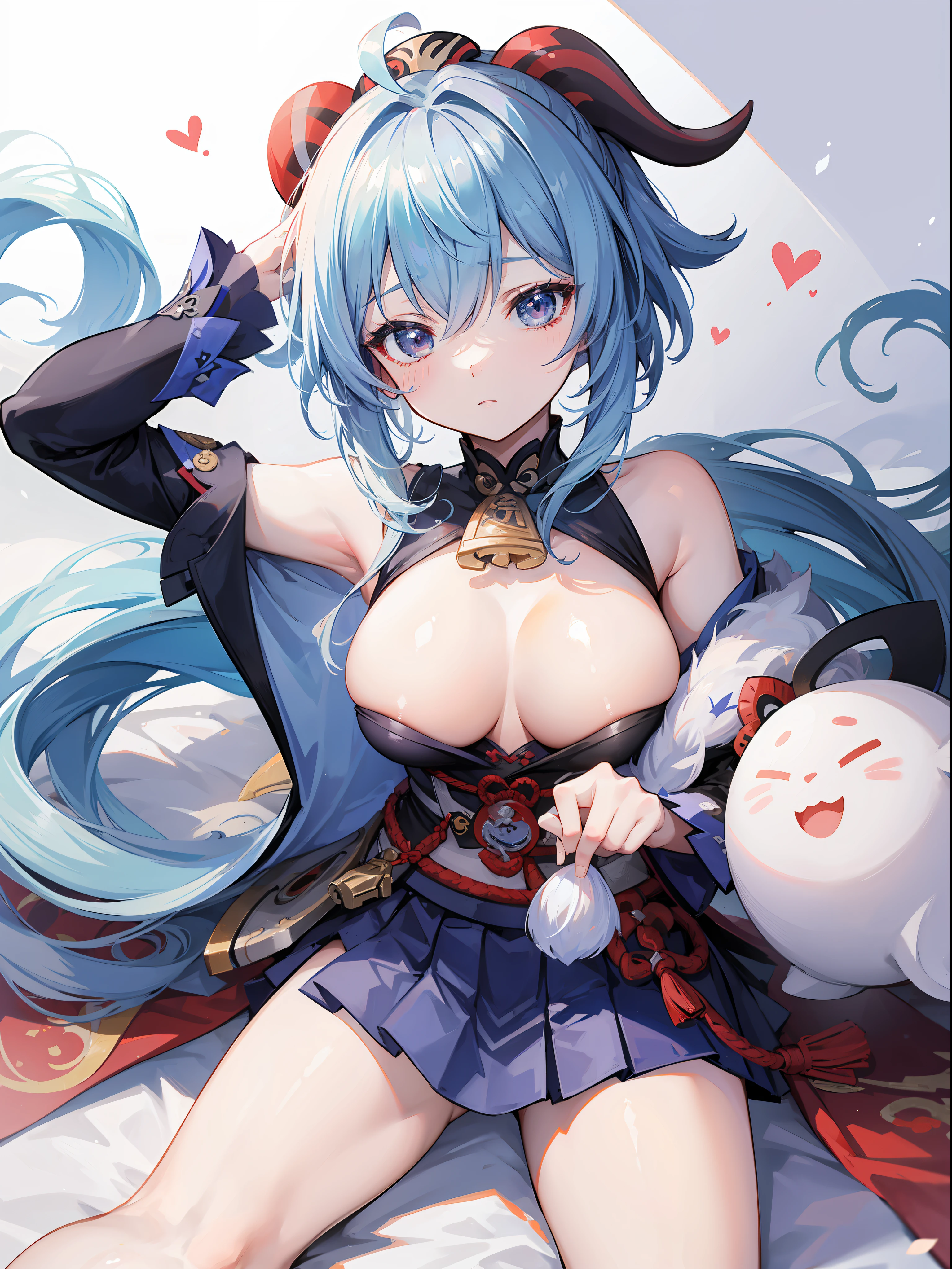 Genshin impact character, ganyu, spreading vagina, lots of cum on the hair, wearing navy blue skirt, visible breast, on a bed