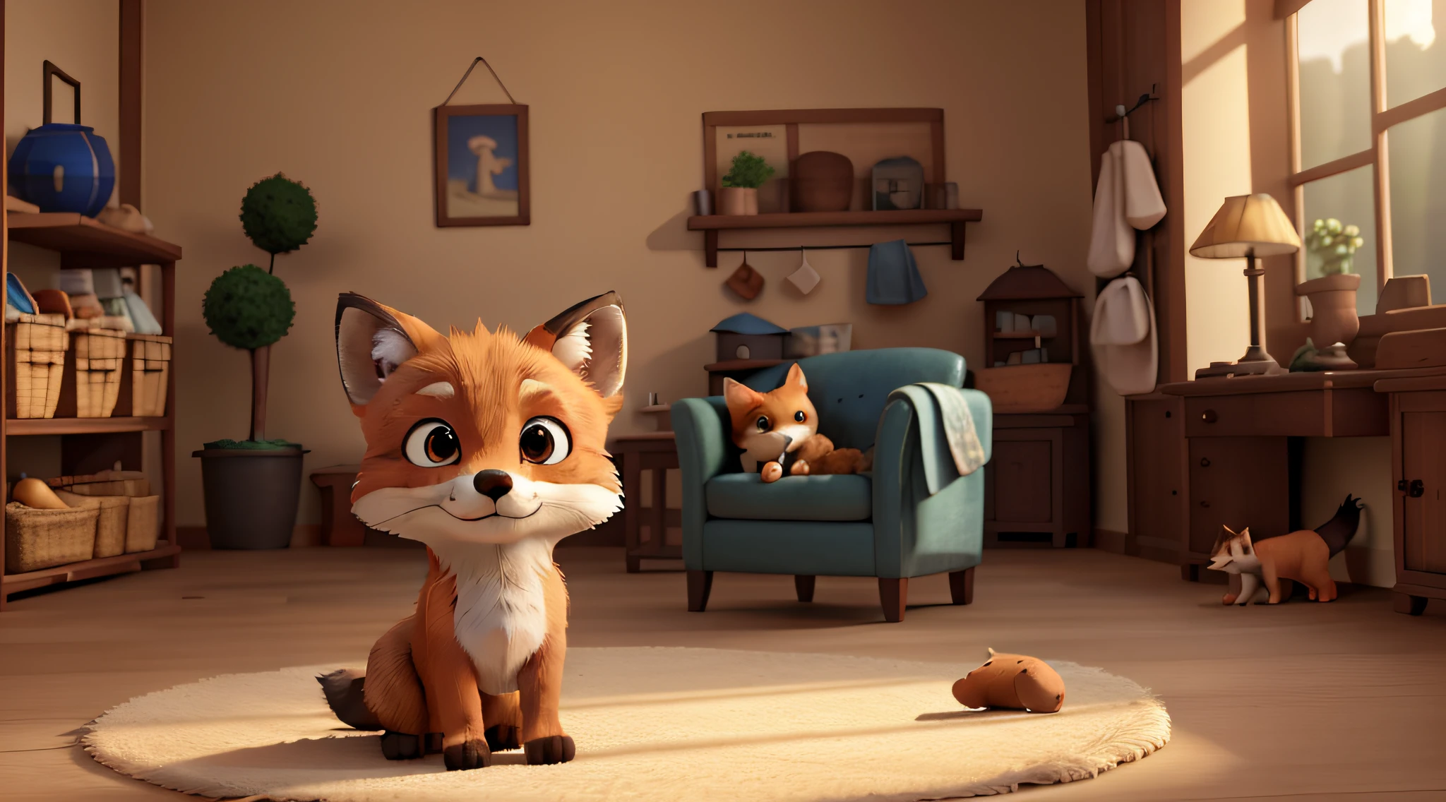 "a fox cub indoors((Best quality)), ((masterpiece)), (detailed: 1.4), 3D