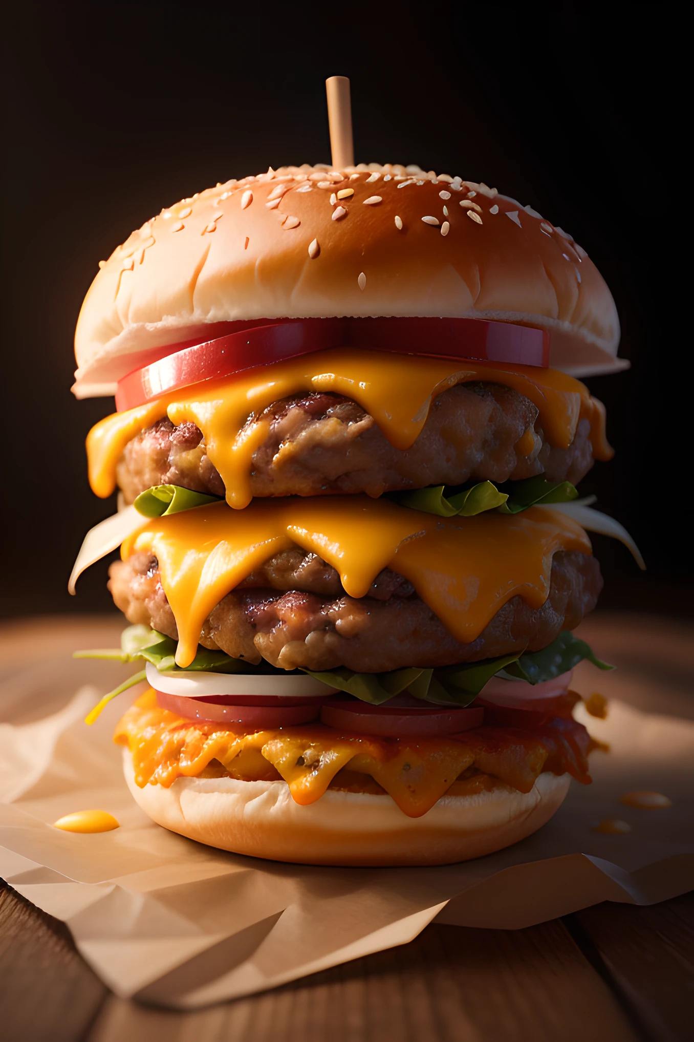 product shot of ultra realistic juicy cheeseburger against a dark background, two tone lighting, advertisement, octane, unreal