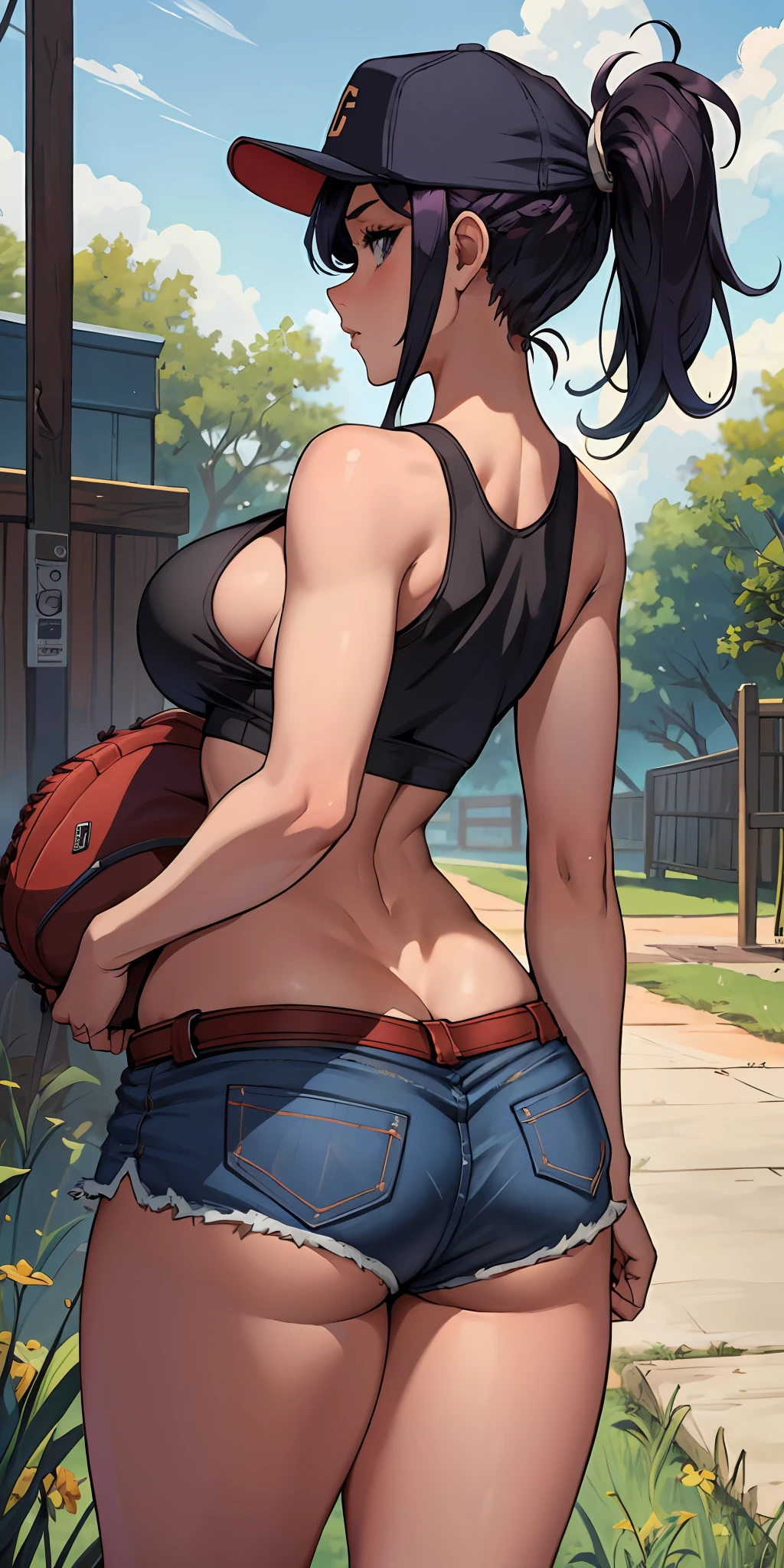 beautiful, (masterpiece:1.2), (best quality:1.2), perfect eyes, perfect face, perfect lighting, 1girl, ass, back, backboob, blue and white baseball cap, red panties, breasts, purple and black hair, crop top, cutoffs, denim shorts, facing away, from behind, hat, highleg, highleg panties, long hair, median furrow, large breasts, micro shorts, panties, ponytail, short shorts, shorts, sideboob, simple background, solo, tank top, thighs, thong, underboob, underwear, field, grass, walkway, huge ass, wide hips, arms at side