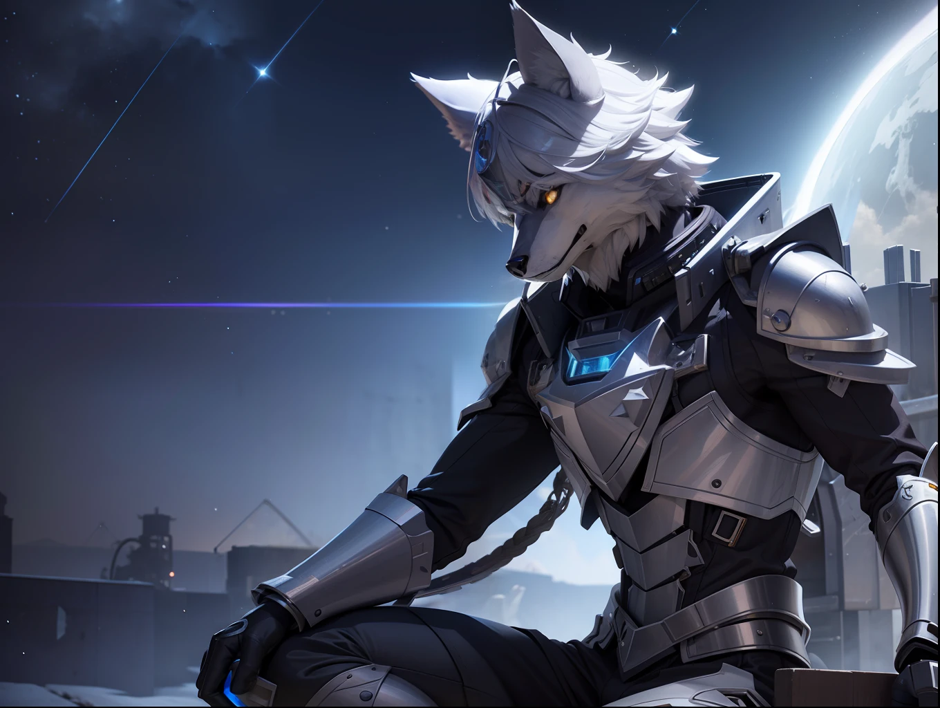 3d sculpture mechanical wolf,Silver orchid fur,Mech textures,looking at the stars,Silver Moon close-up,Large masonry on the chest