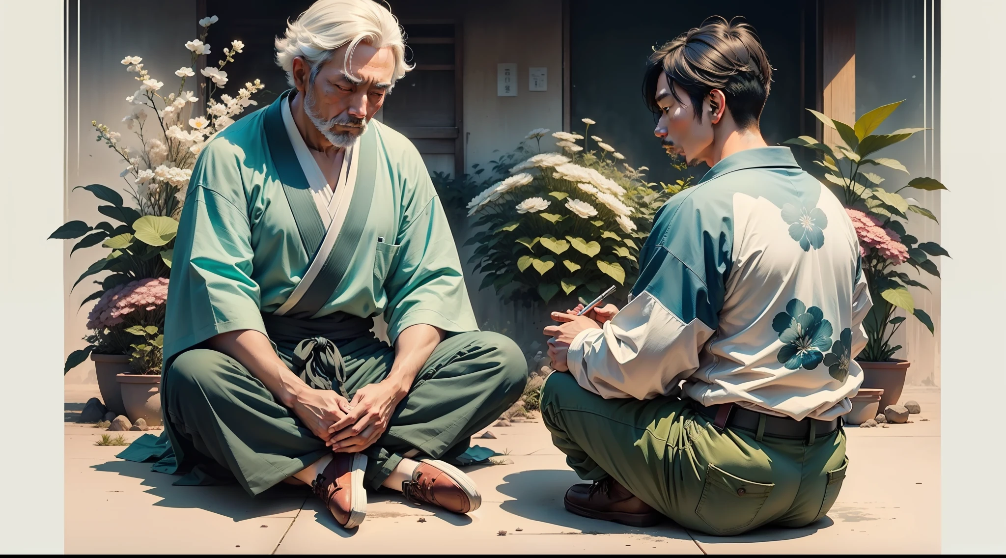 A foto de perfil deve ser uma pintura a tinta chinesa best quality, piece of master, ultra high-resolution, (Realistic: 1.4) 1, Japanese man is a 30-year-old Asian man, wearing green pants and white and blue kimono. no entorno  um jardim de uma casa antiga japonesa, Montanhas, sol, sentado meditando, Expressionismo, realismo, contemporary art, Realistic texture, imagem frontal