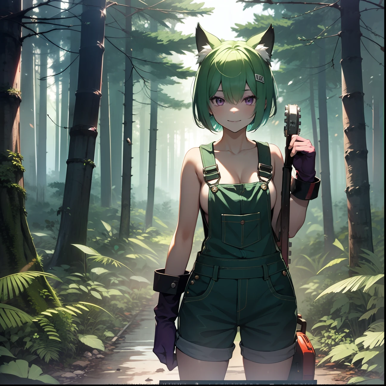 girl, , ligh green hair, short haircut, purple eyes, short  overalls, black boots, in dark forest, holding chainsaw, looking at viewer, sinister sensual smiling, semen coming out of clothes