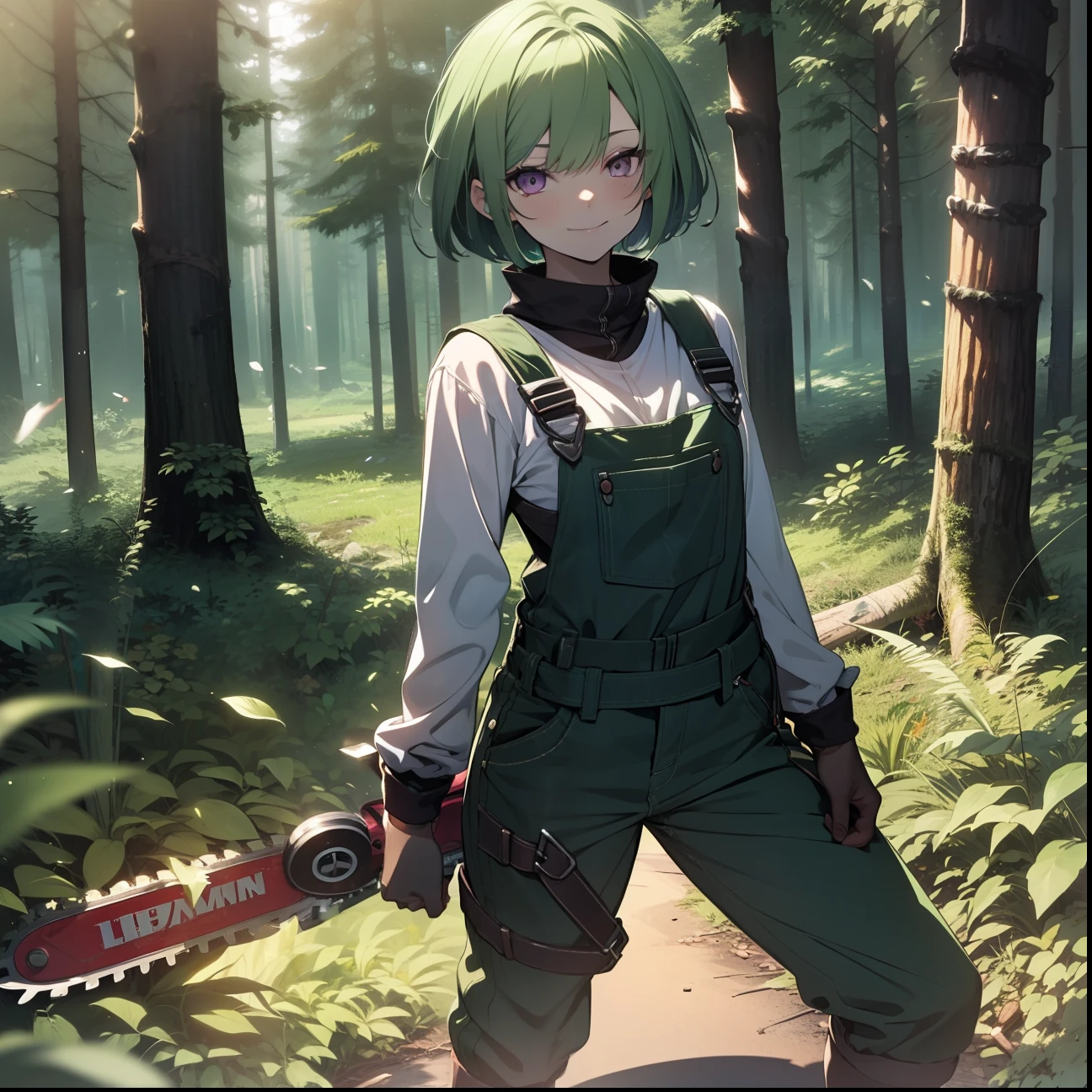 girl, ************, ligh green hair, short haircut, purple eyes, short  overalls, black boots, in dark forest, holding chainsaw, looking at viewer, sinister sensual smiling, semen coming out of clothes