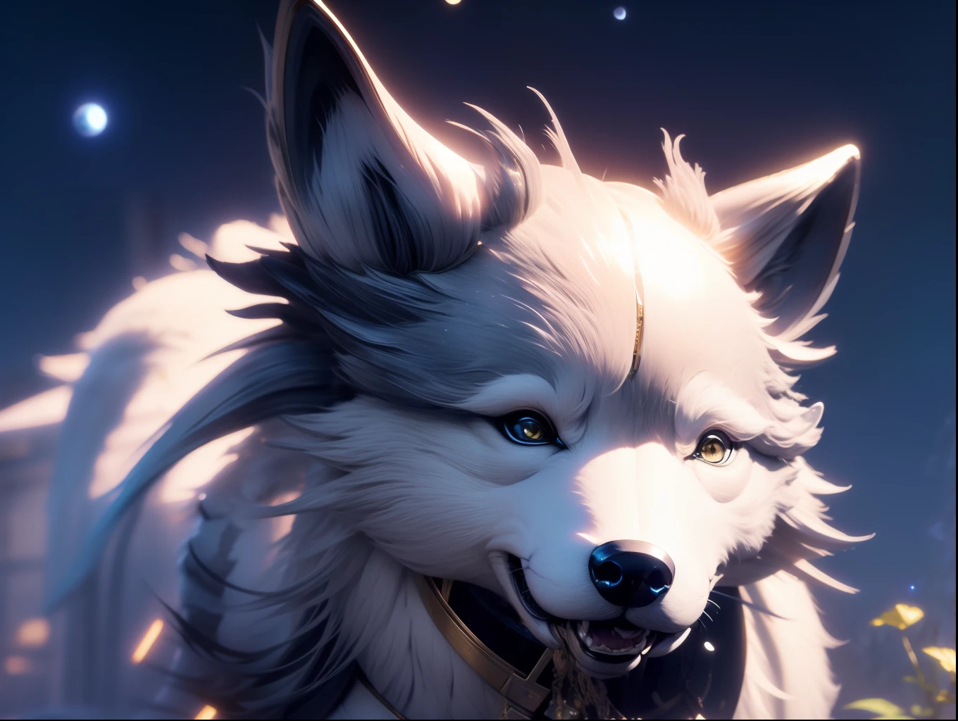 3d sculpture mechanical wolf,Silver orchid fur,Mech textures,looking at the stars,Silver Moon close-up,