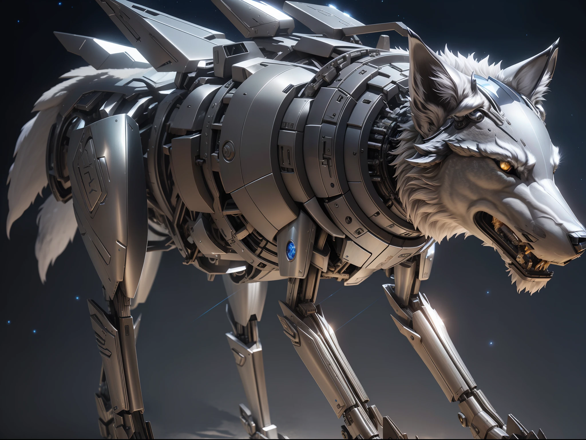 3d sculpture mechanical wolf,Silver orchid fur,Mech textures,looking at the stars,Silver Moon close-up,