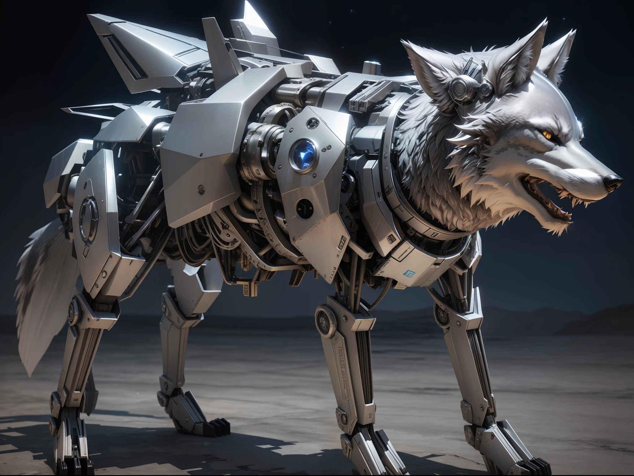 3d sculpture mechanical wolf，Silver orchid fur，Mech textures，looking at the stars，Silver Moon close-up，Large masonry on the chest