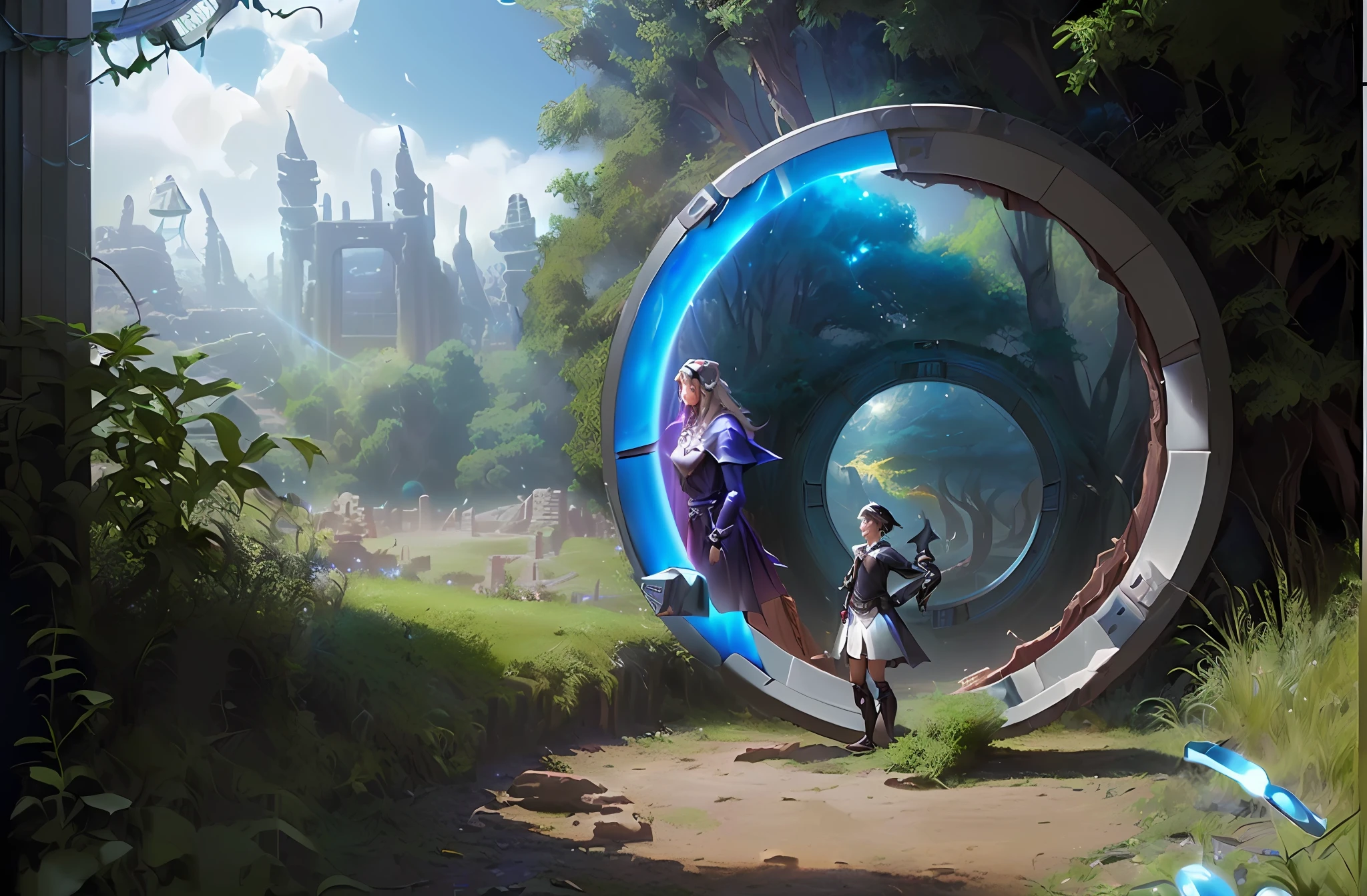 There is a boy standing in a circular time portal in the middle of a forest, wonderland portal, ((((( Through the portal there are other images of an ancient city in ancient-dimension:1.6))), Another scenario next to the portal that is the scene of a bustling city with old cars. )))), 2. 5 d cgi anime fantasia arte |, portal para outro mundo, magical fantasy 2 d concept art, cushart krenz arte chave feminina, magical concept art, concept art magical highlight, realistic fantasy illustration, magic portal to another world, arte conceitual | Dyson