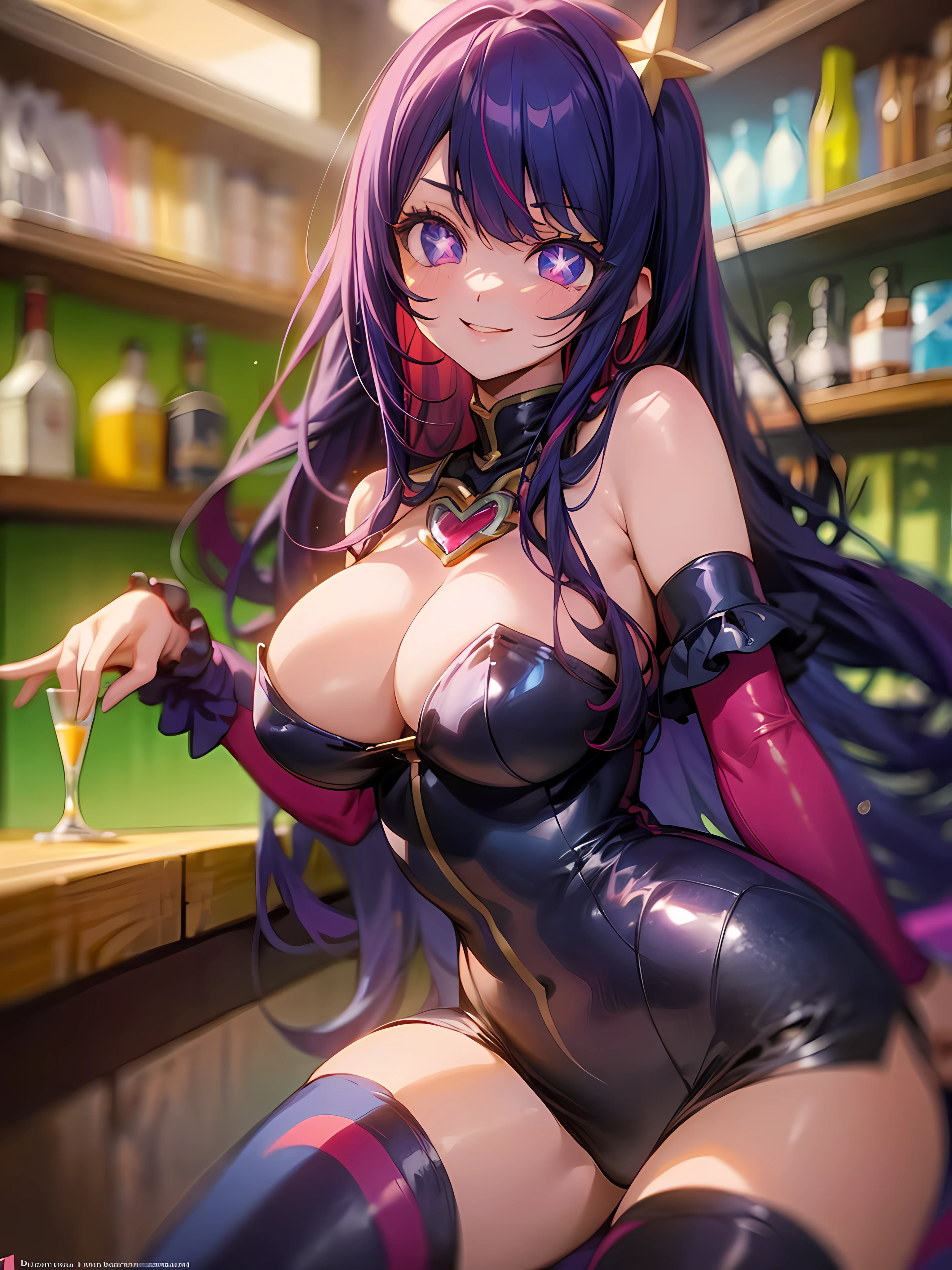 Ai Hoshino, Long hair, Purple hair, Striped hair ,Purple eyes, Star-shaped pupils, 1girll, full bodyesbian,Solo, Purple eye,Star eyes,Sparkling eyes,Shining eyes,Star-shaped pupils,Detailed eyes, white thighhighs, Purple colored hair,Blowing hair, looking a viewer, Breasts, full bodyesbian, Large breasts,ray tracing, vibrant colors, girl, masterpiece, sharp focus, best quality, depth of field, cinematic lighting, detailed outfit, perfect eyes, rich in details and textures, bunny girl, liquor bar counter, indoors, smiling, red hair, colored inner hair, colored eyelashes, long hair, blue eyes, black legwear, smiling,