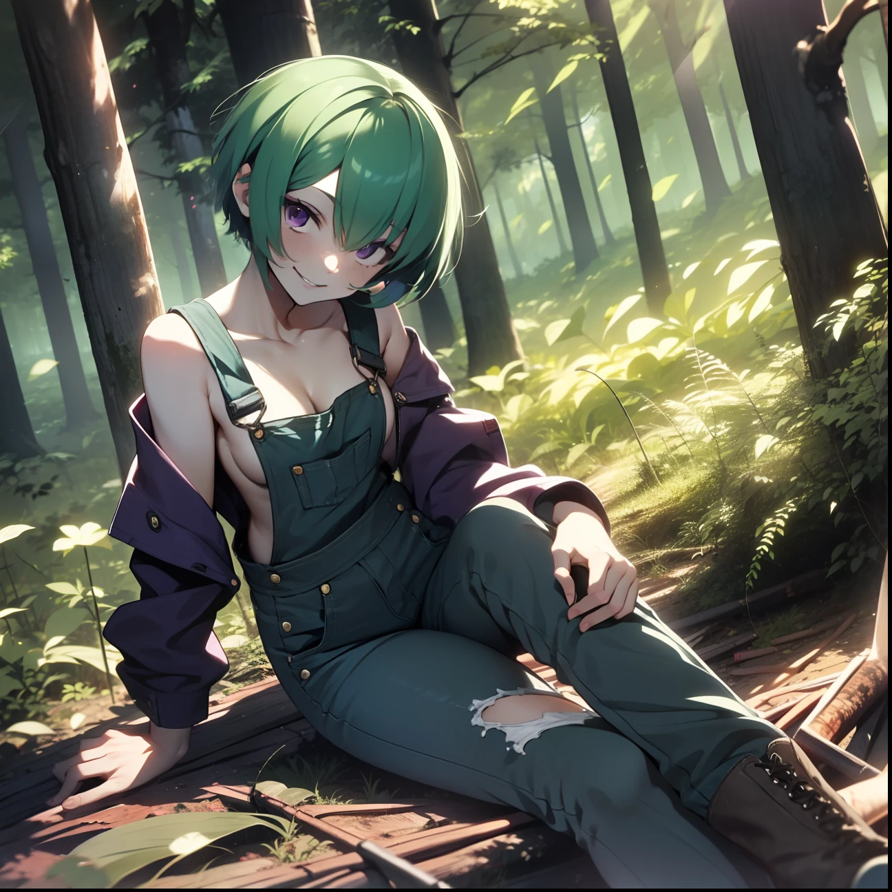 girl, , ligh green hair, short haircut, purple eyes, jeans overalls, anyone outfit, black boots, in dark forest, holding chainsaw, looking at viewer, sinister sensual smiling, semen coming out of clothes