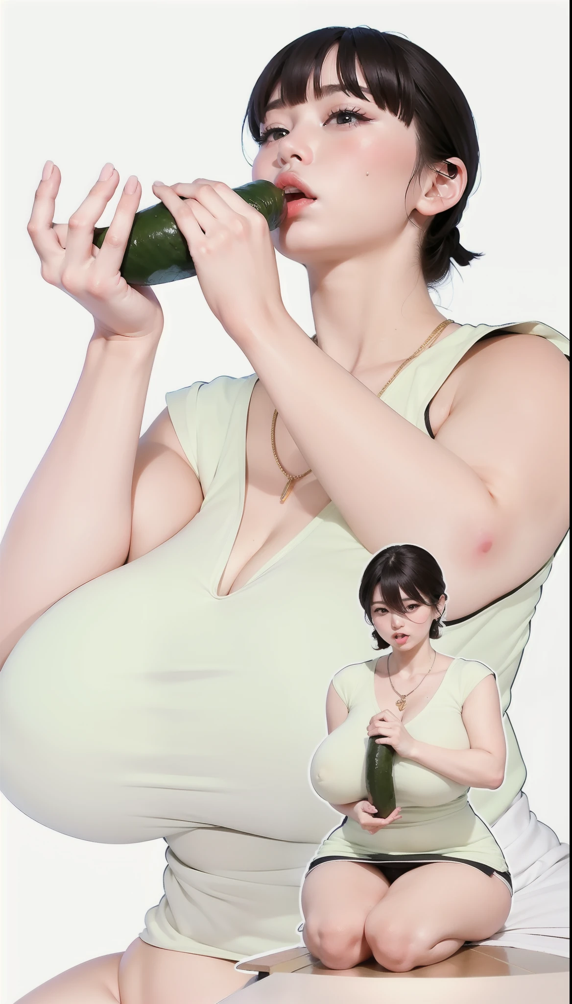 Woman big boobs with a sushi roll in her mouth better quality and best effects better shadows better lighting 8k