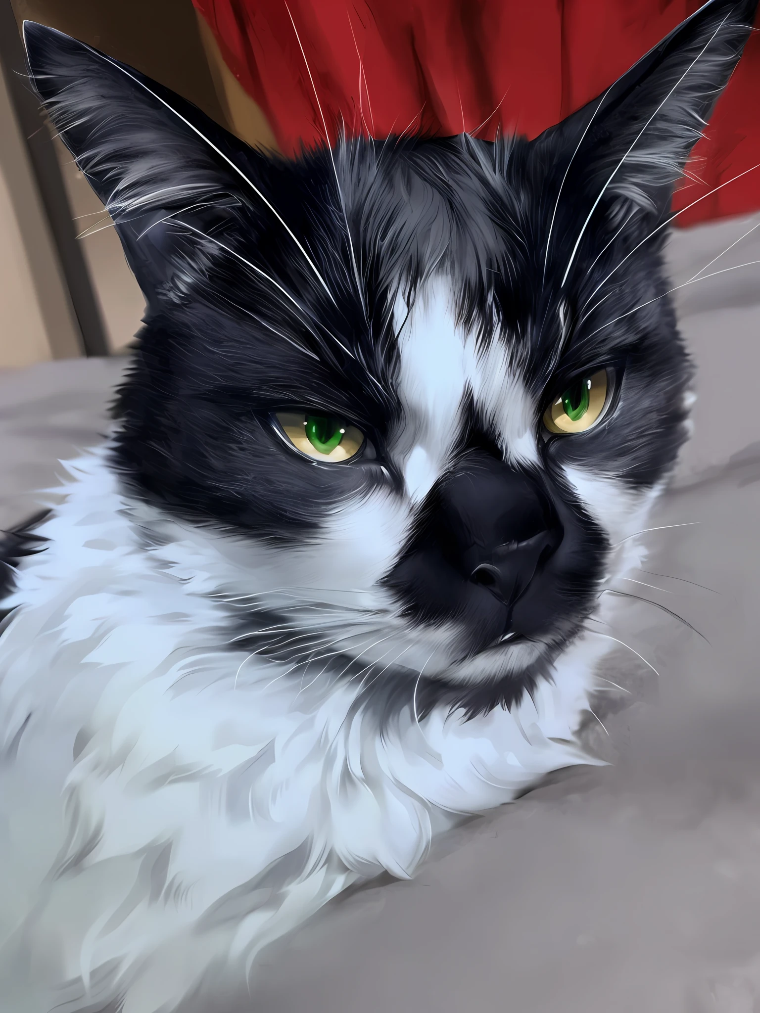 Solo, (By sleepiness18, by kikurage:1.3) simple solid green eyes, (no hair on head:1.2), black and white tuxedo cat,